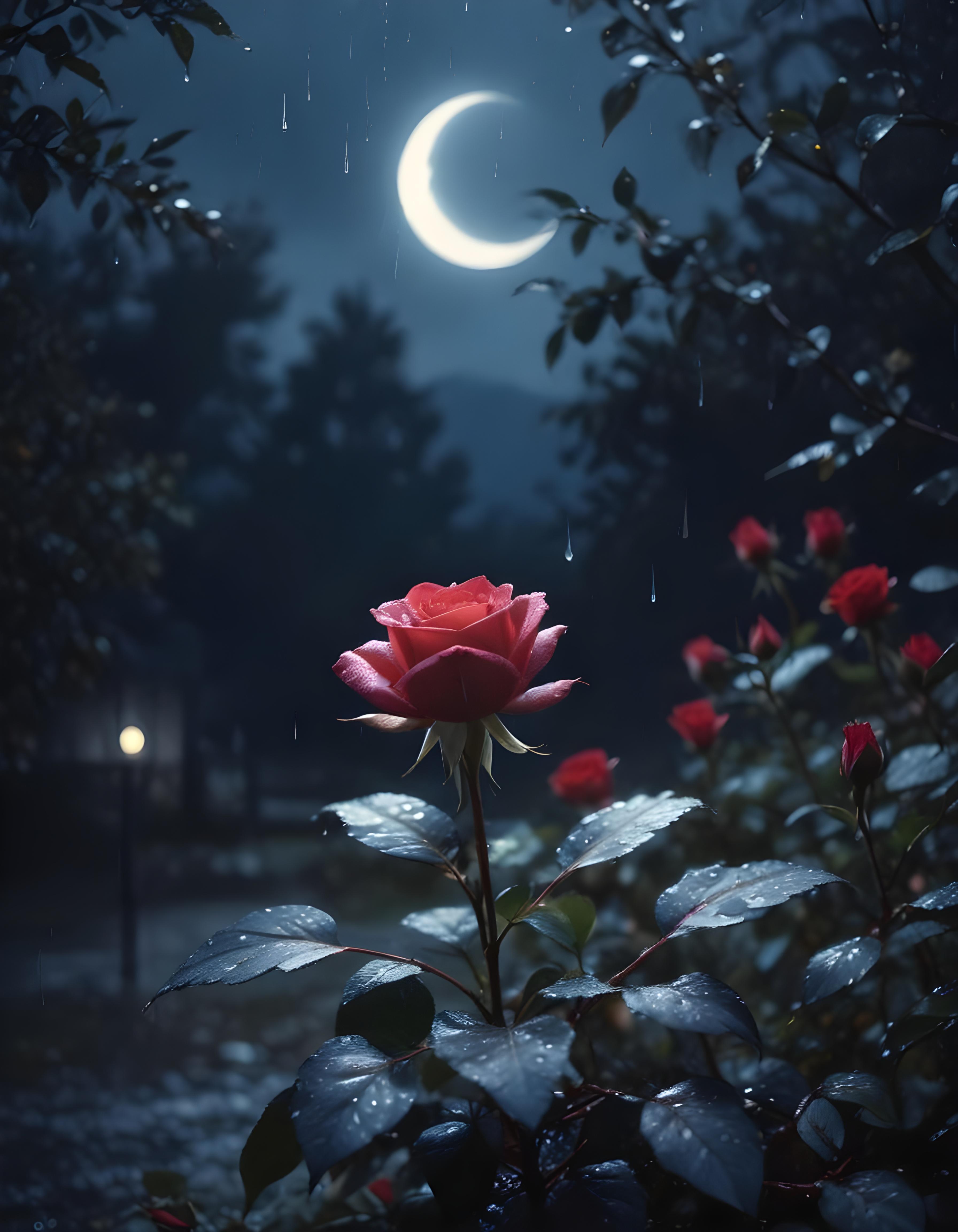 Romantic Rose Flower Under Moonlight with Dreamy Night Garden Background