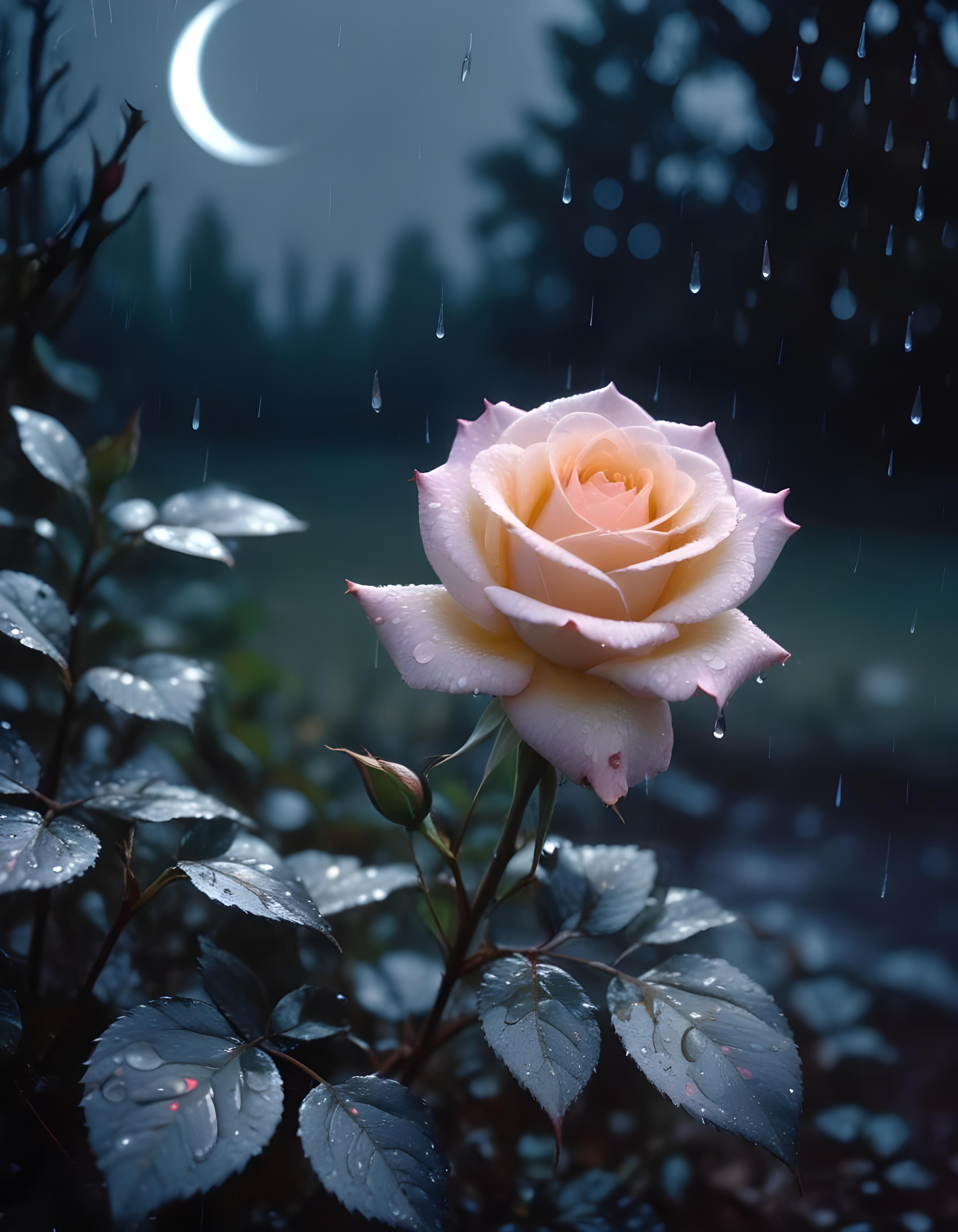 Romantic Rose Flower Under Moonlight with Dreamy Night Garden Background