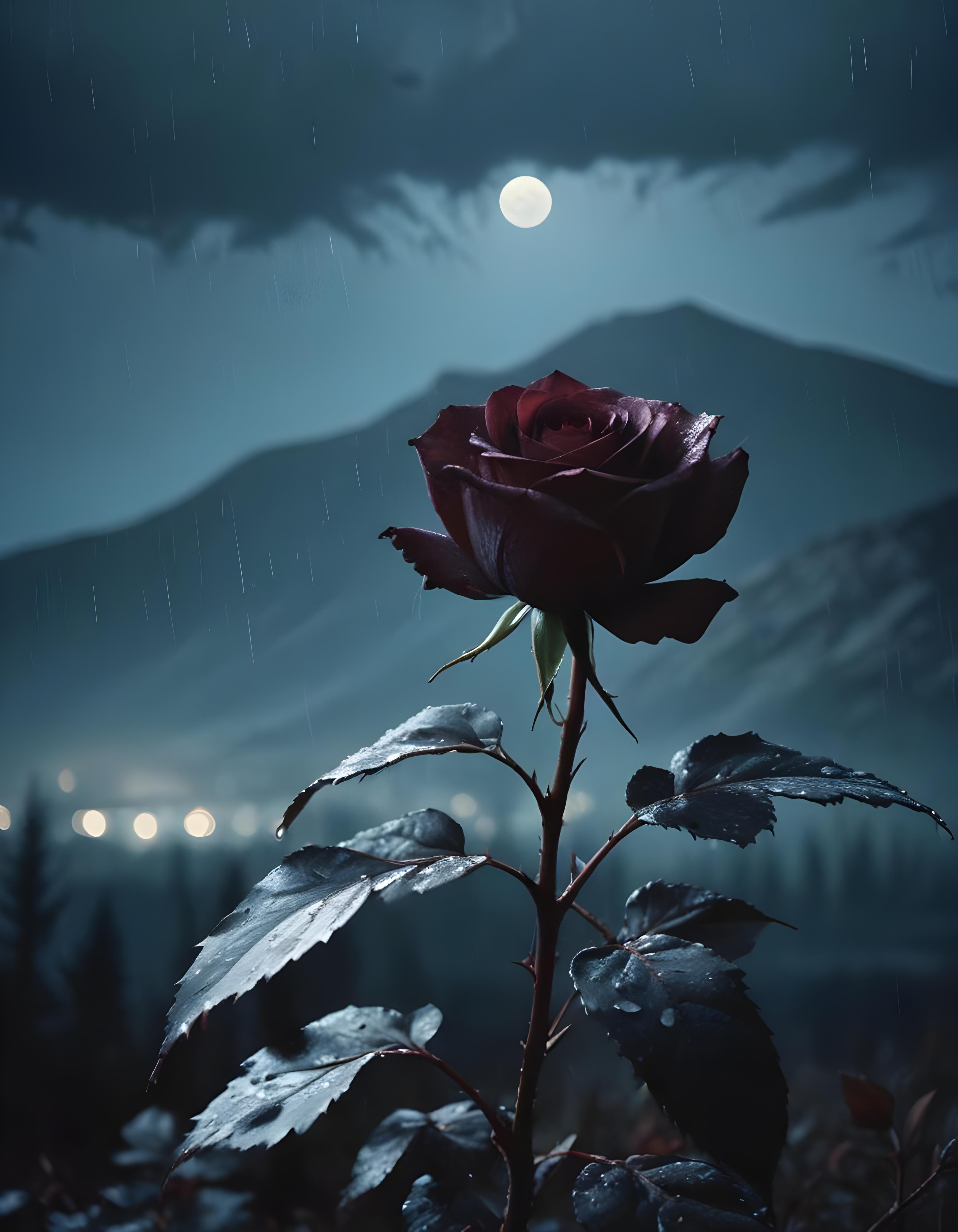 Romantic Rose Flower Under Moonlight with Dreamy Night Garden Background