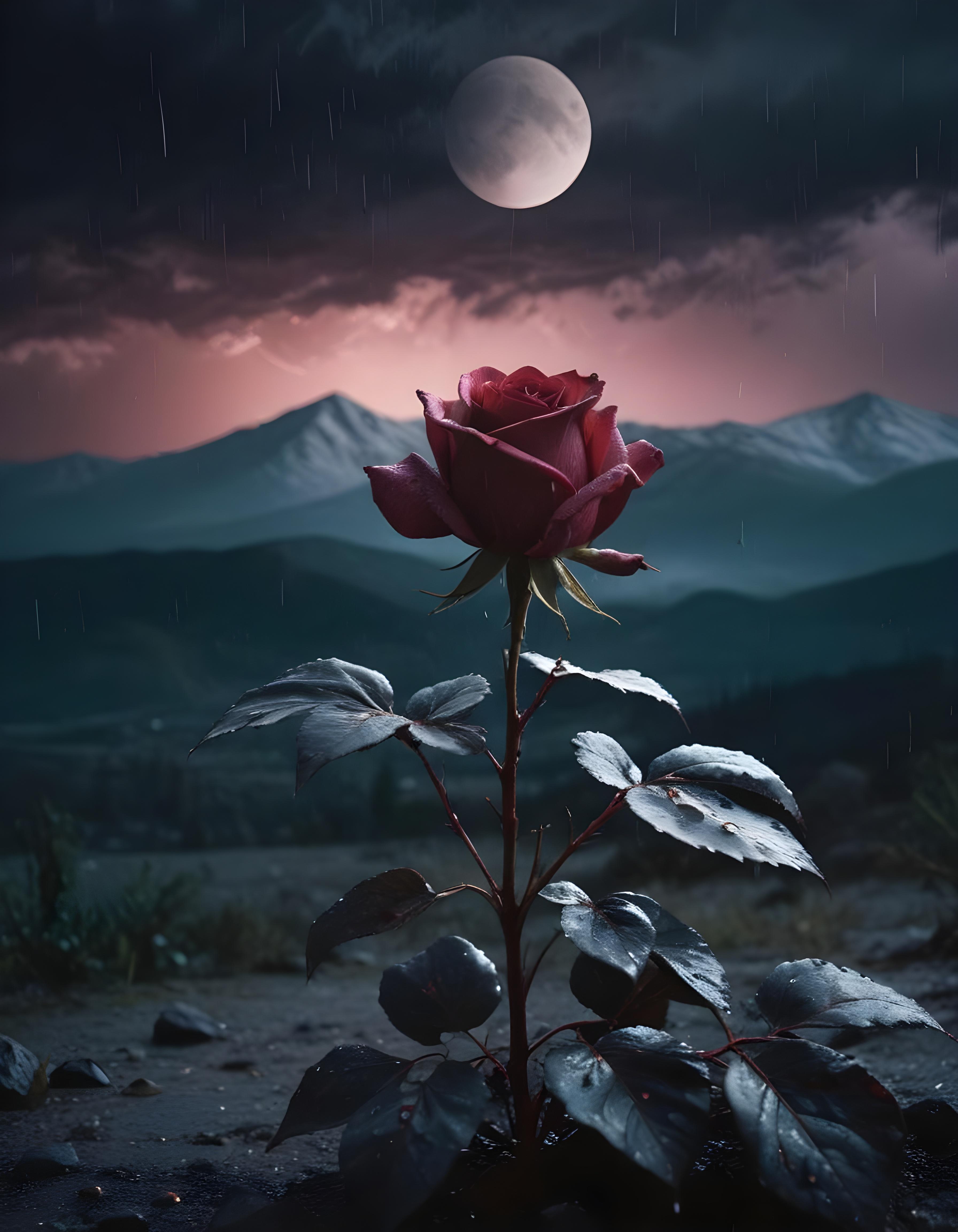 Romantic Rose Flower Under Moonlight with Dreamy Night Garden Background