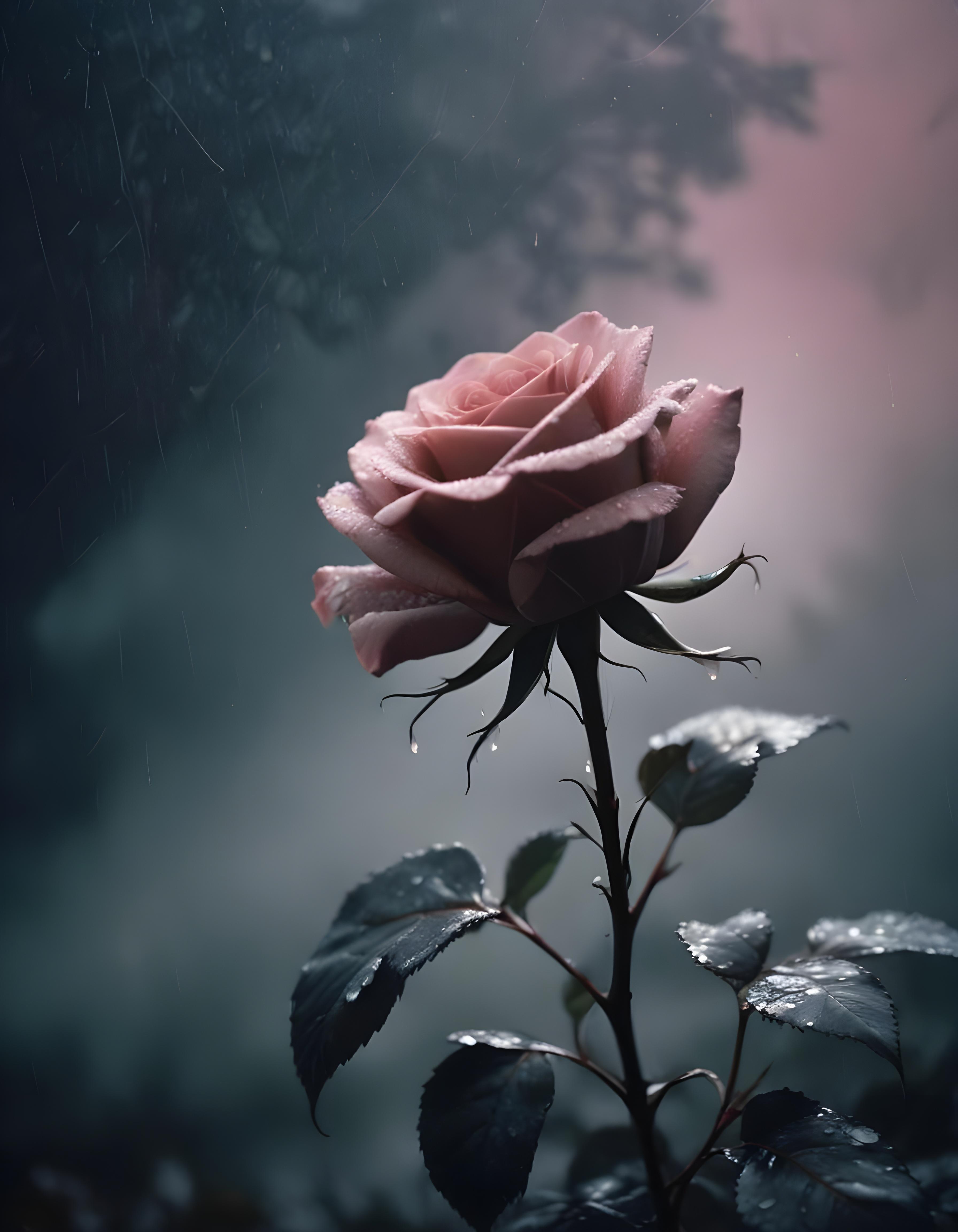 Romantic Rose Flower Under Moonlight with Dreamy Night Garden Background