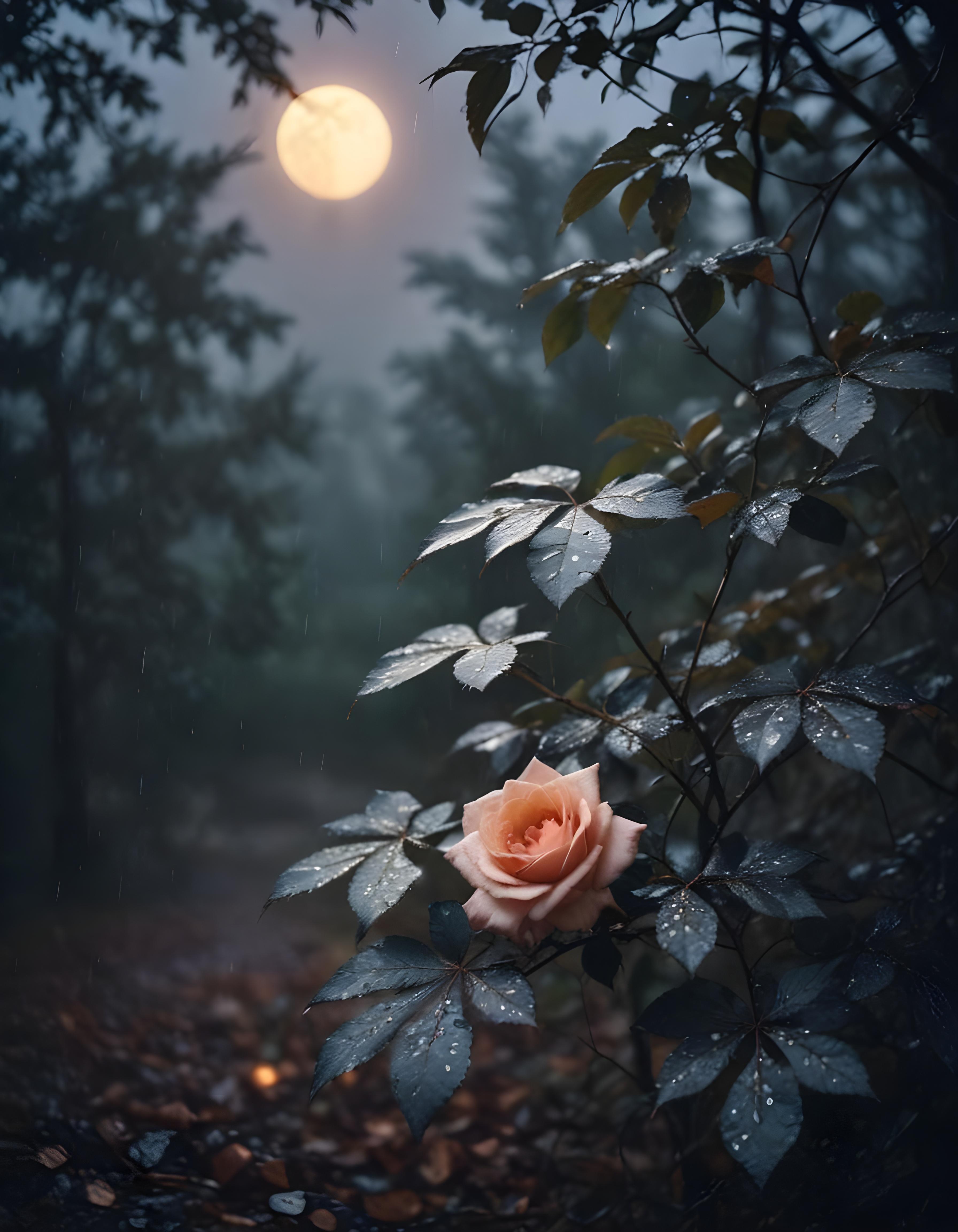 Romantic Rose Flower Under Moonlight with Dreamy Night Garden Background