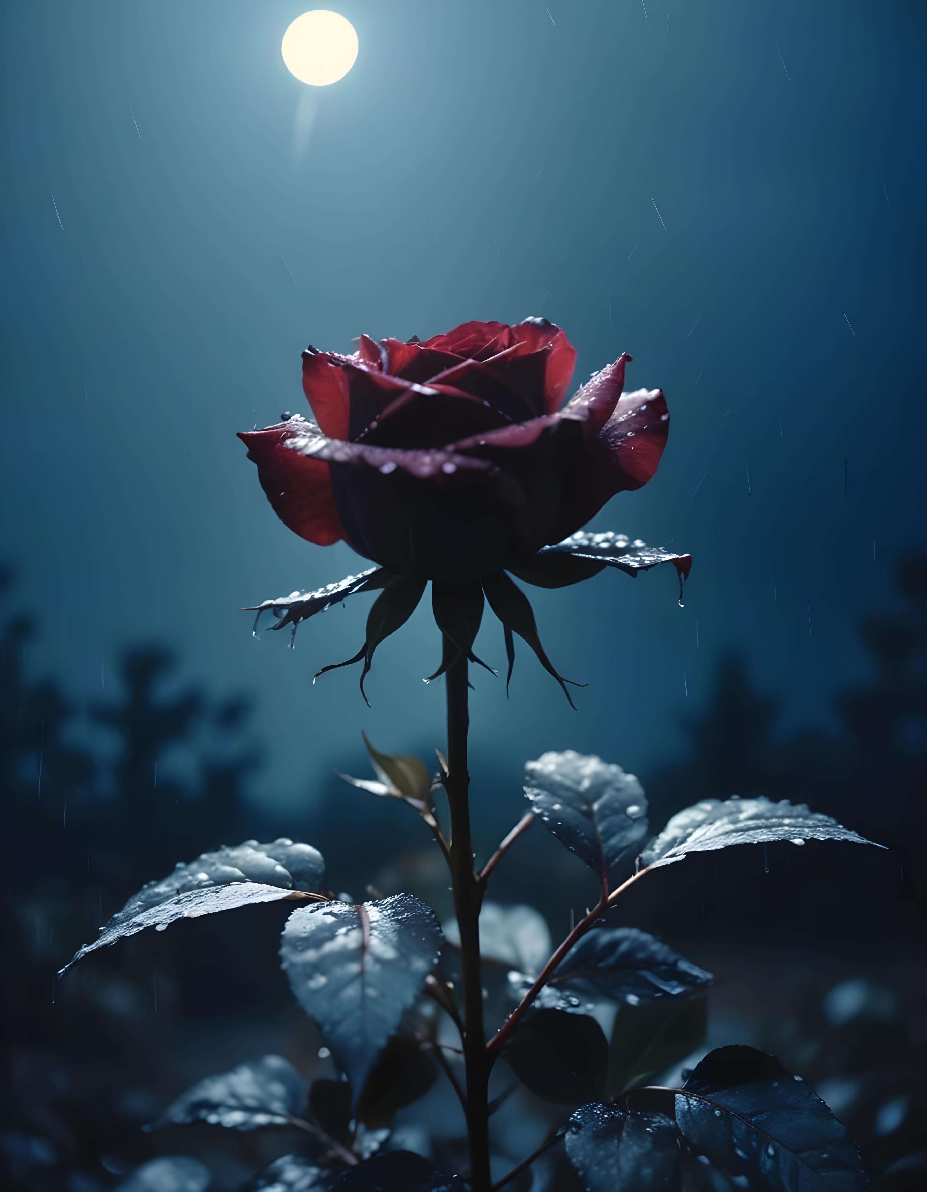 Romantic Rose Flower Under Moonlight with Dreamy Night Garden Background
