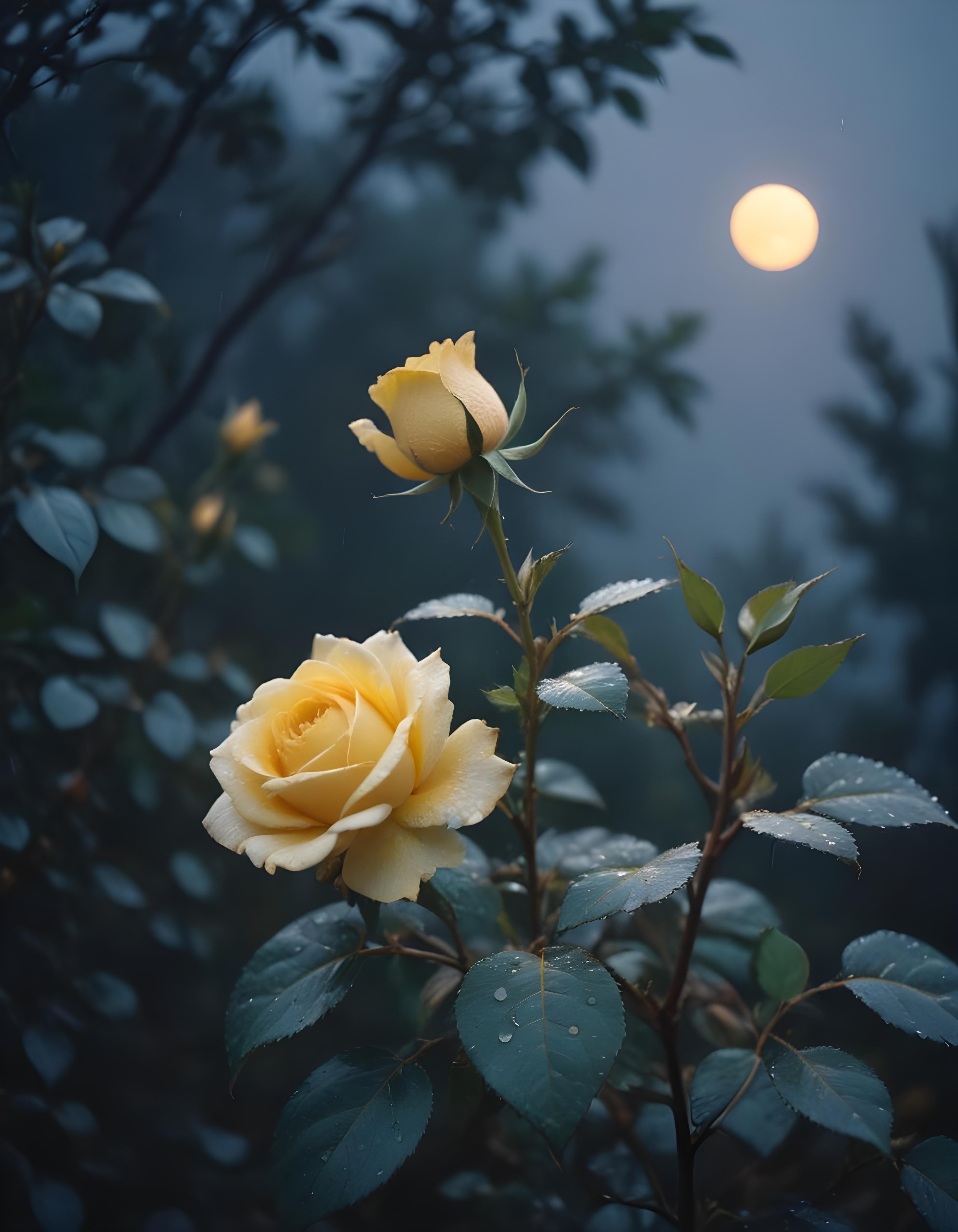 Romantic Rose Flower Under Moonlight with Dreamy Night Garden Background