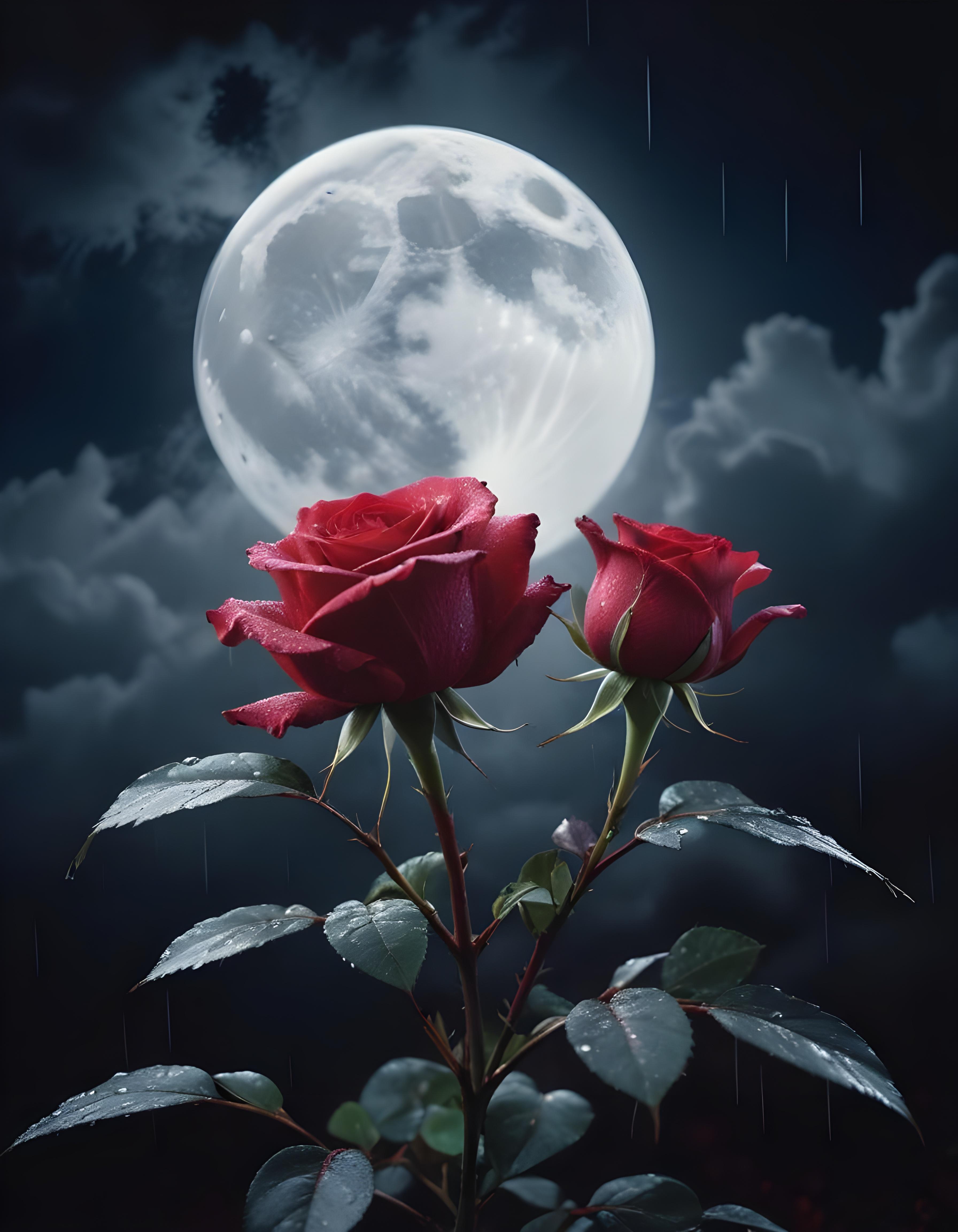 Romantic Rose Flower Under Moonlight with Dreamy Night Garden Background