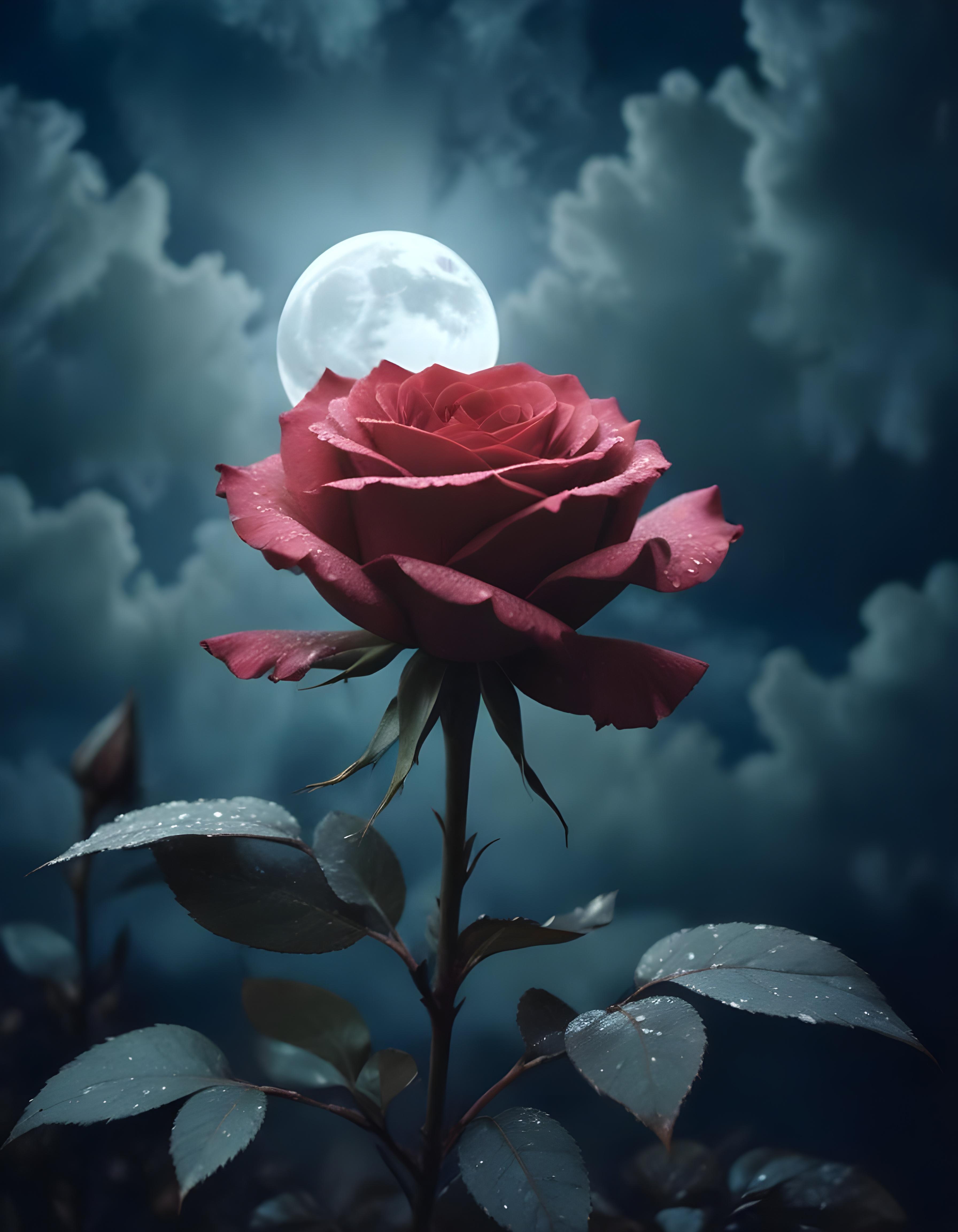 Romantic Rose Flower Under Moonlight with Dreamy Night Garden Background
