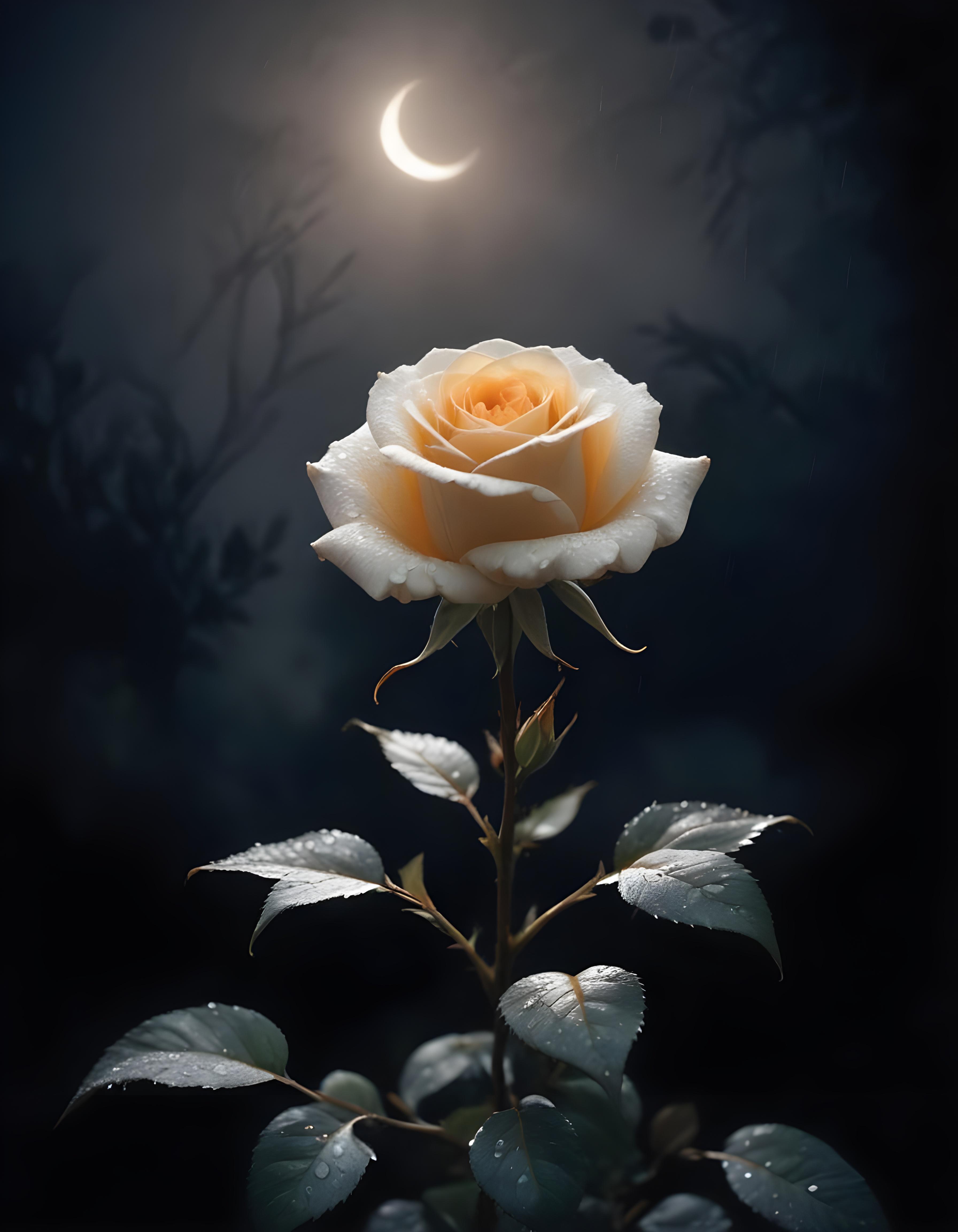 Romantic Rose Flower Under Moonlight with Dreamy Night Garden Background