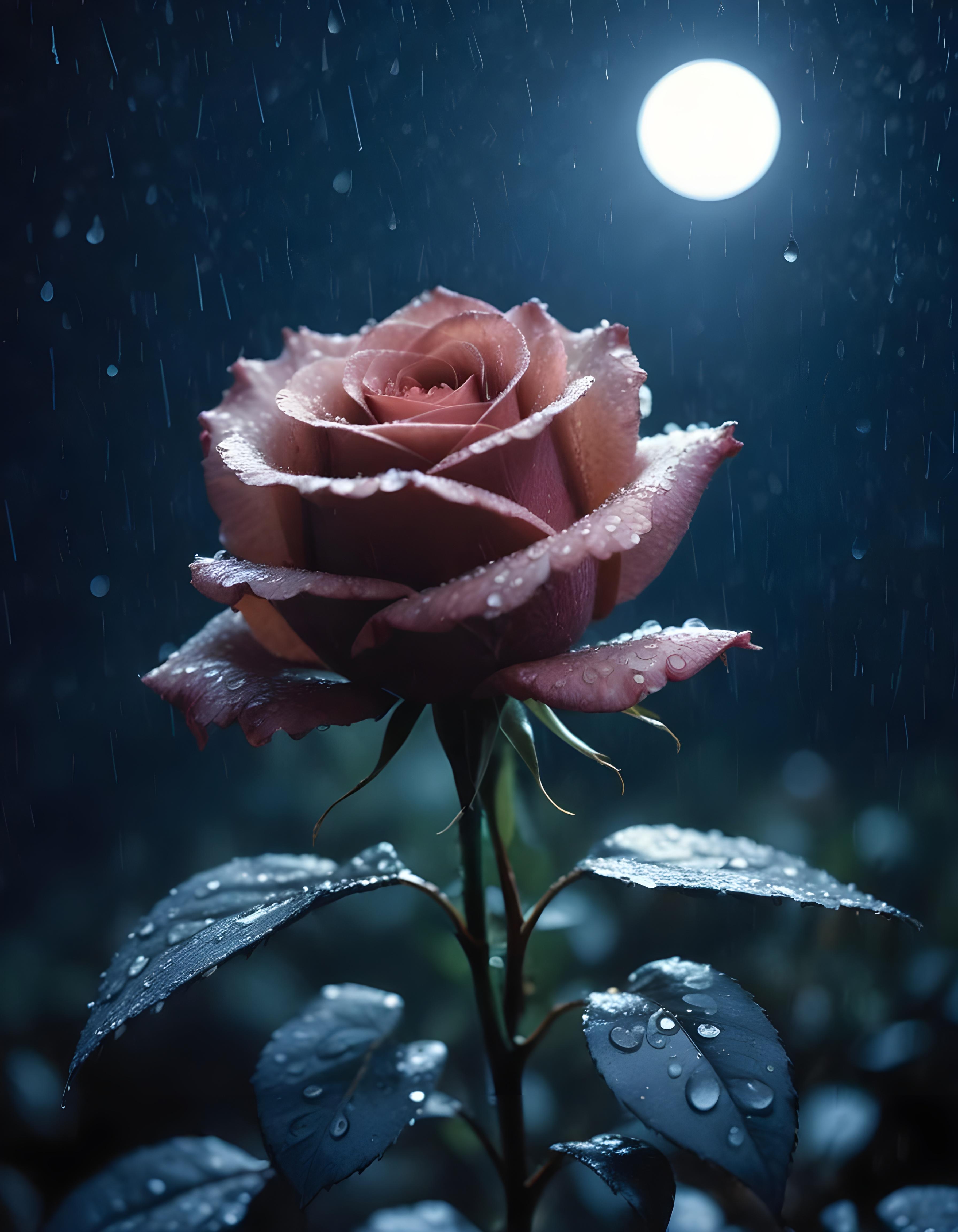Romantic Rose Flower Under Moonlight with Dreamy Night Garden Background
