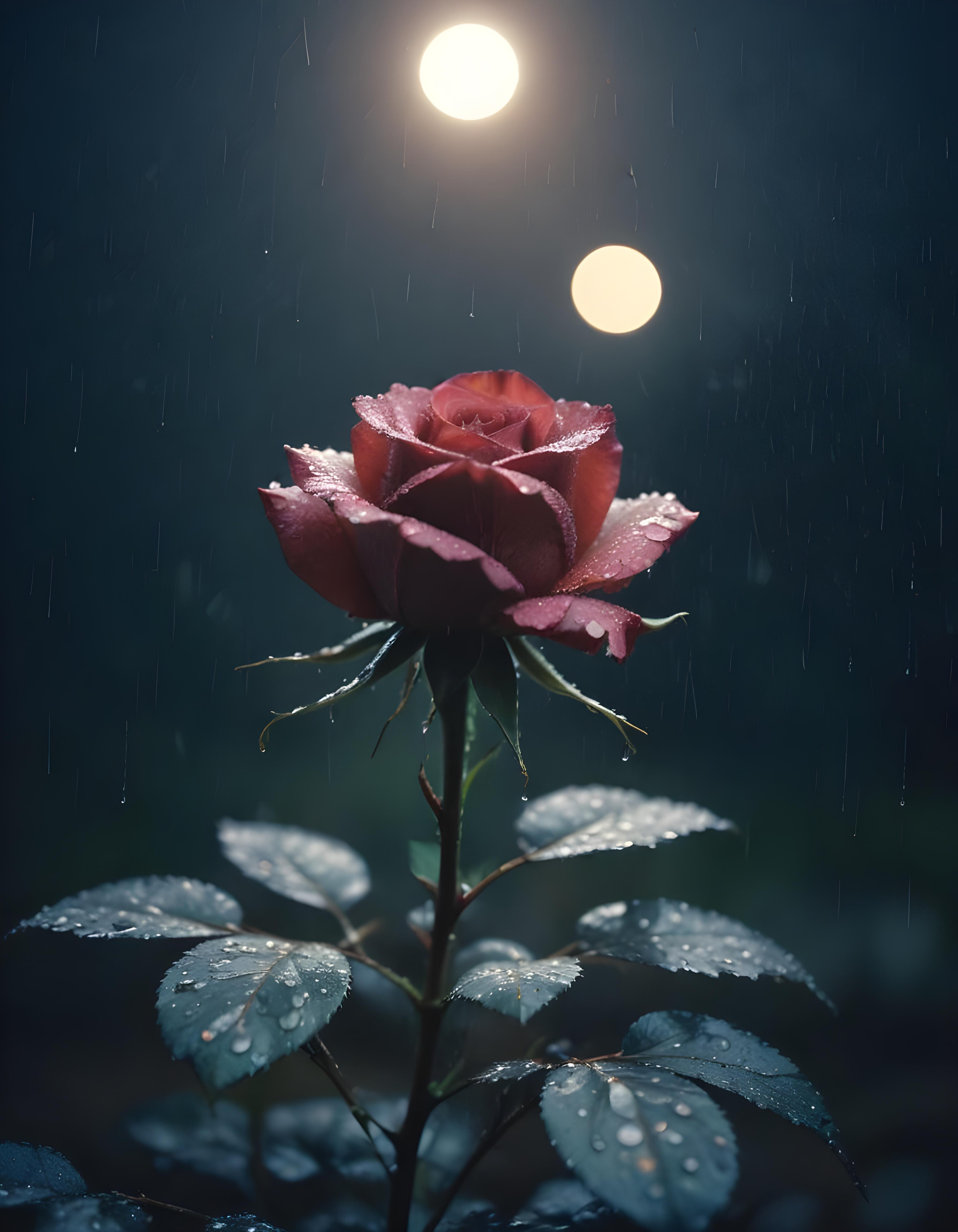 Romantic Rose Flower Under Moonlight with Dreamy Night Garden Background