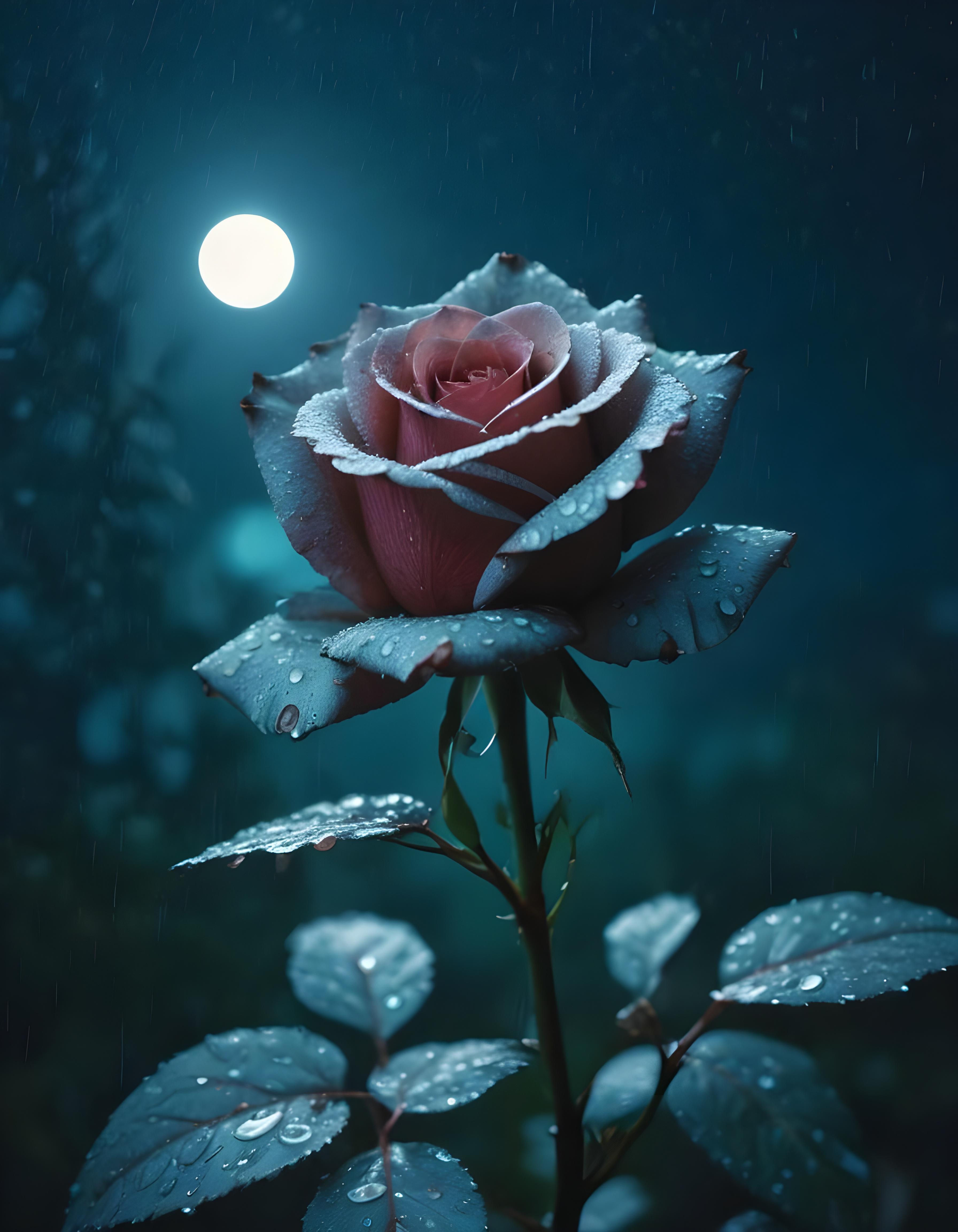 Romantic Rose Flower Under Moonlight with Dreamy Night Garden Background