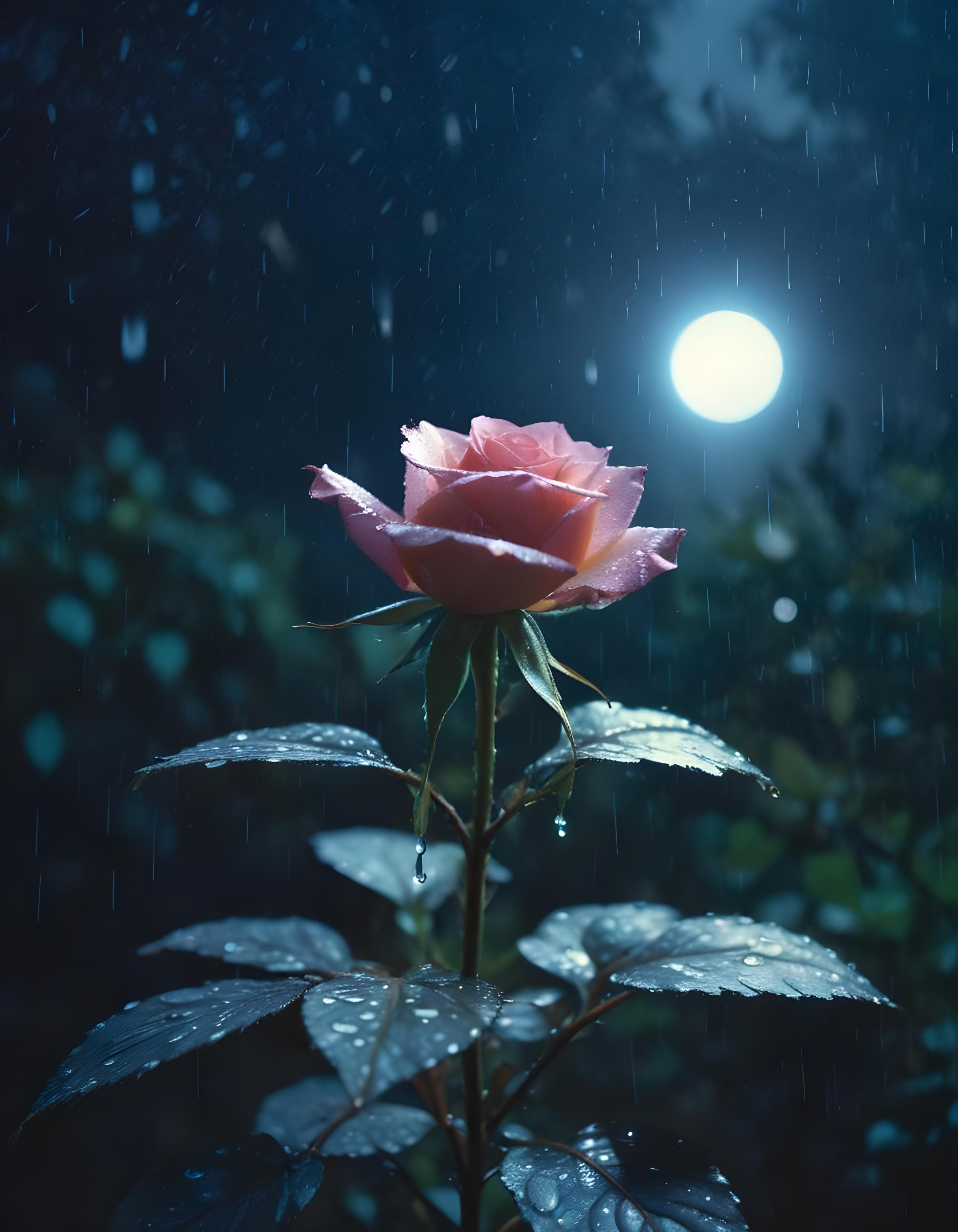 Romantic Rose Flower Under Moonlight with Dreamy Night Garden Background