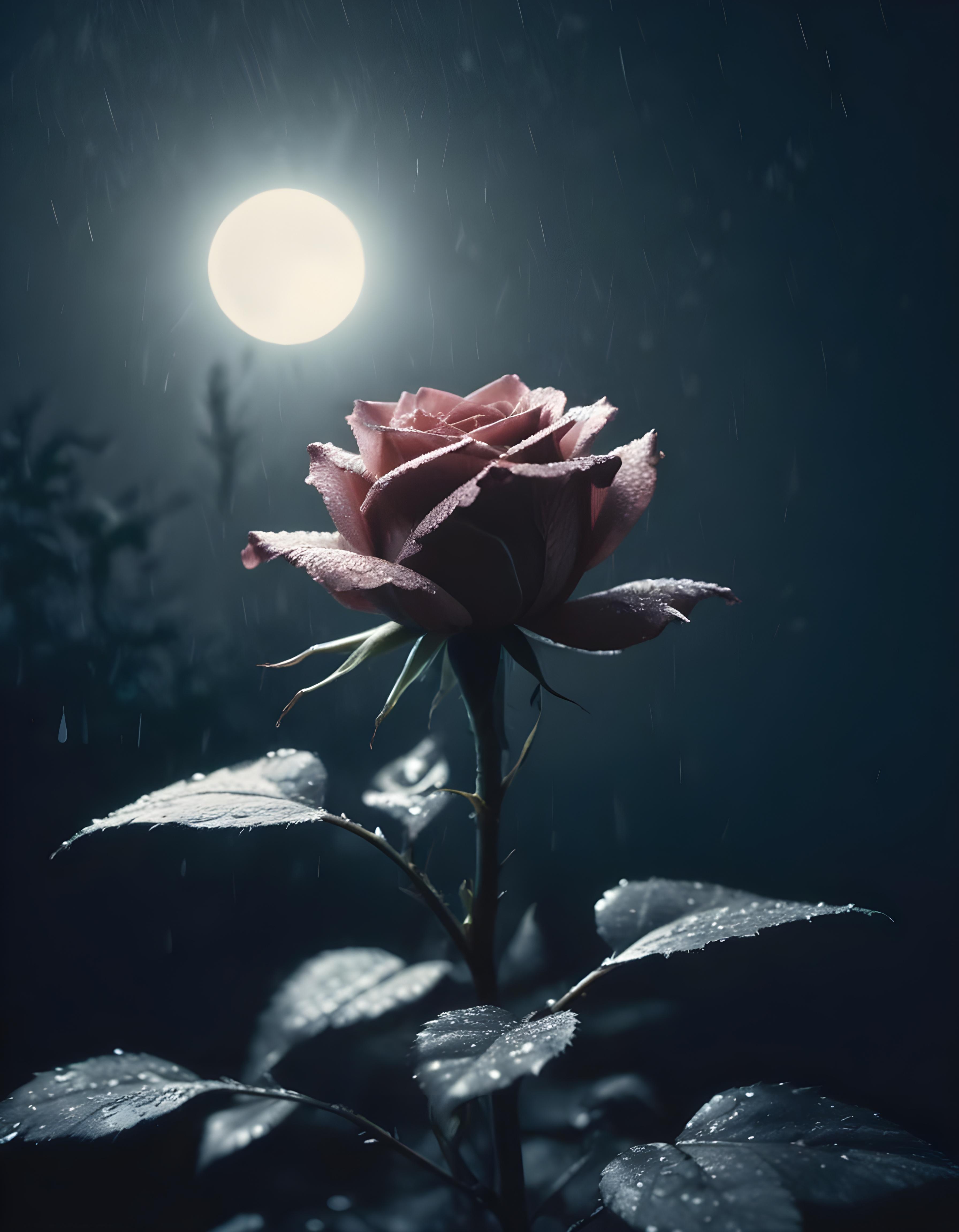 Romantic Rose Flower Under Moonlight with Dreamy Night Garden Background