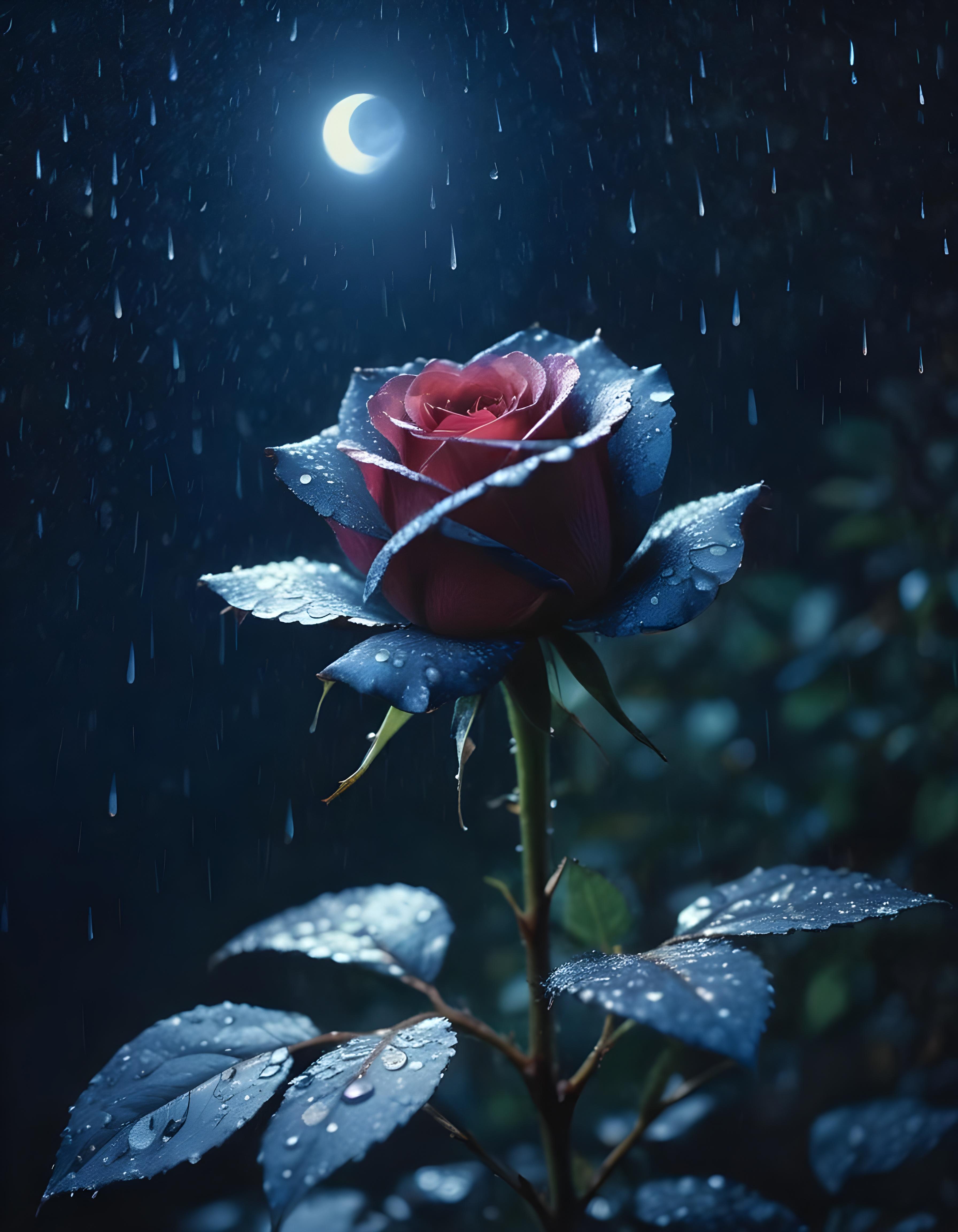 Romantic Rose Flower Under Moonlight with Dreamy Night Garden Background