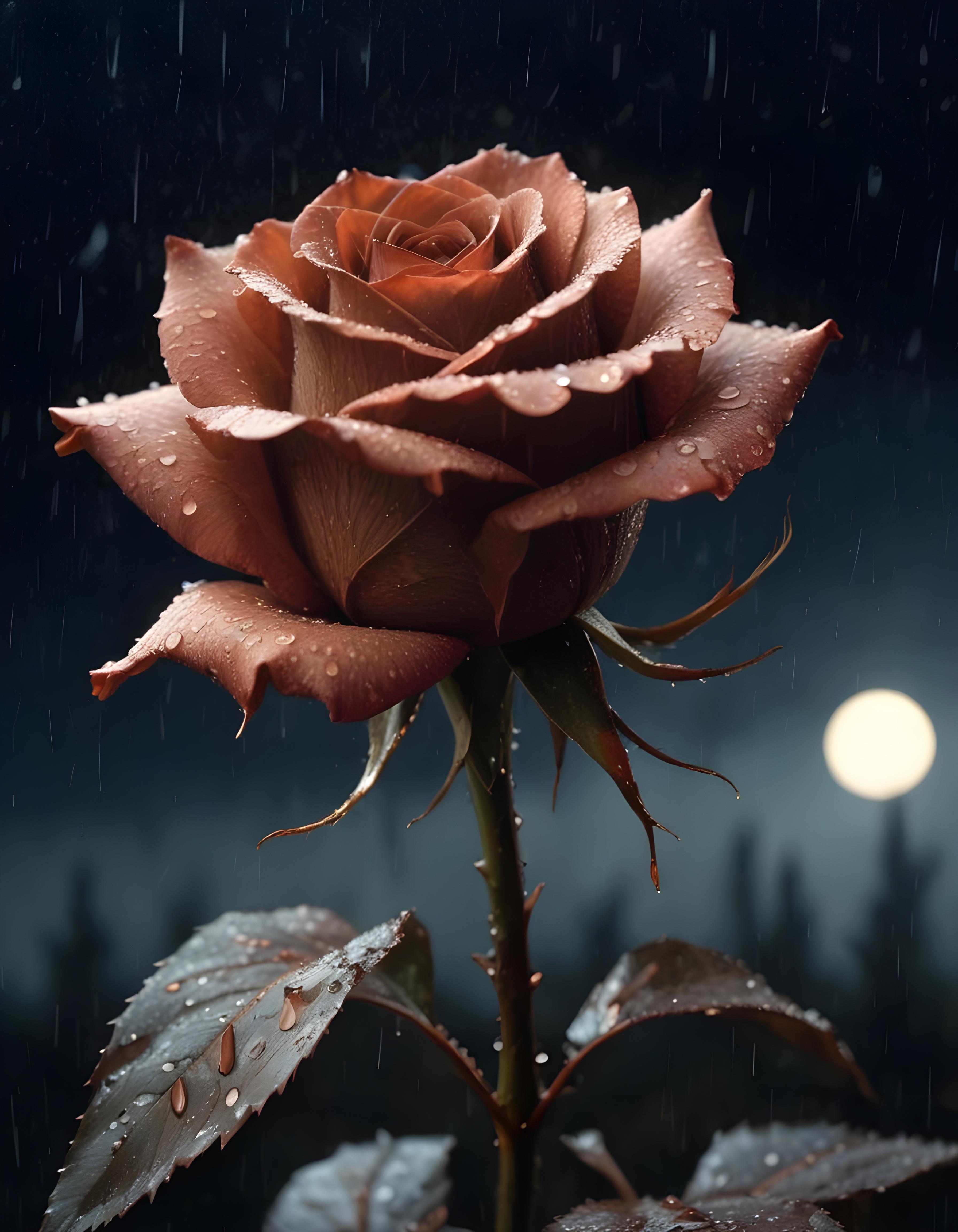 Romantic Rose Flower Under Moonlight with Dreamy Night Garden Background