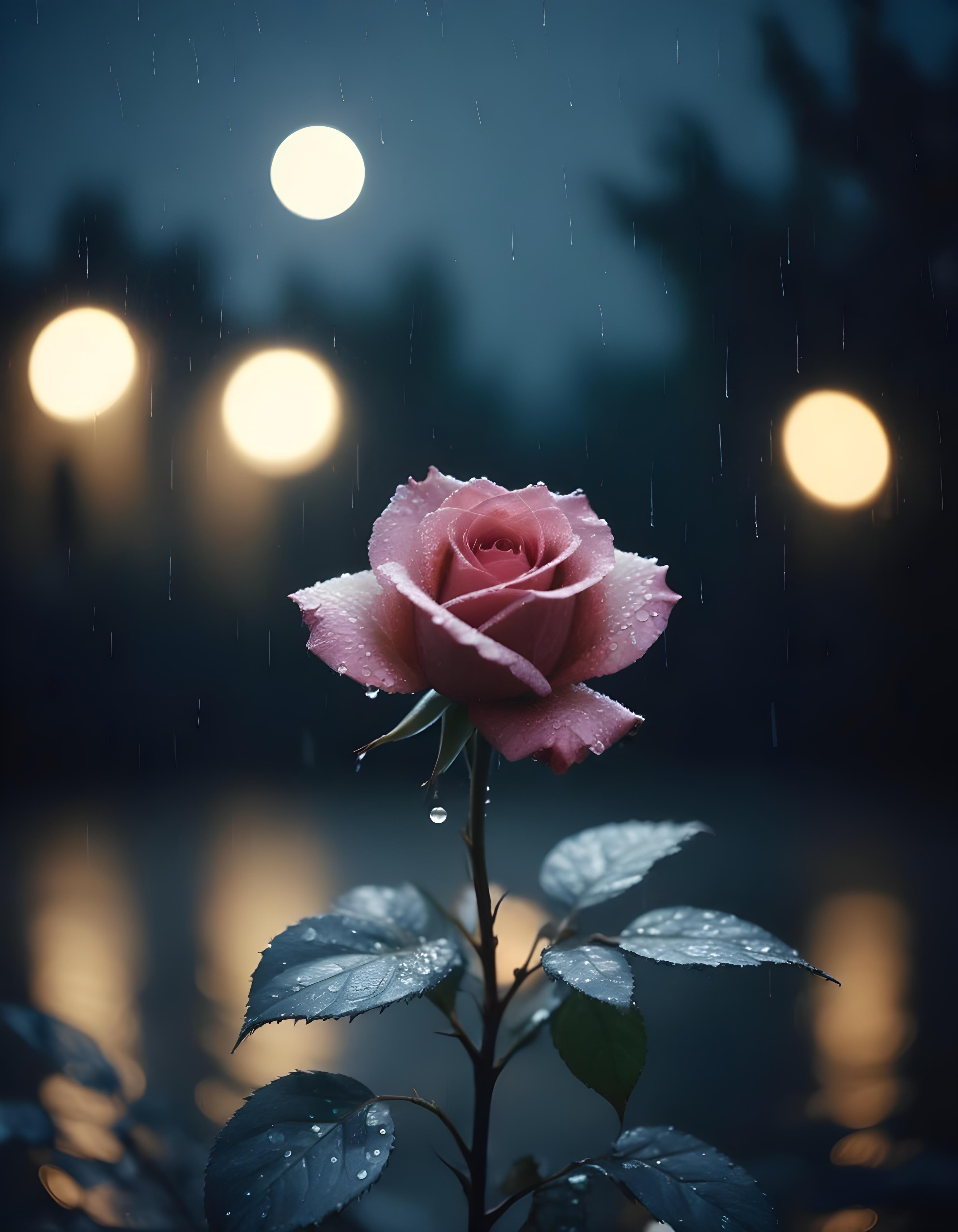 Romantic Rose Flower Under Moonlight with Dreamy Night Garden Background