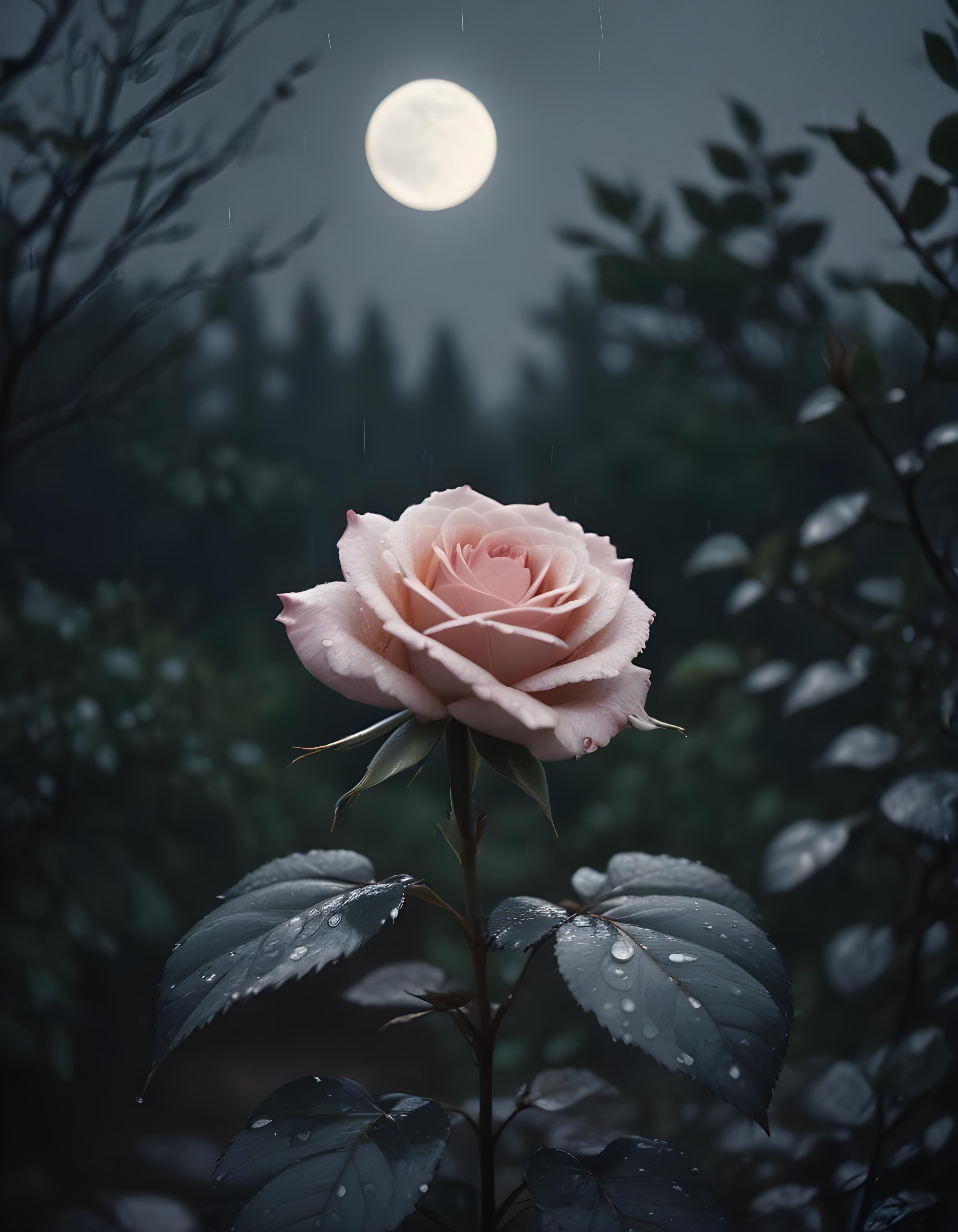 Romantic Rose Flower Under Moonlight with Dreamy Night Garden Background