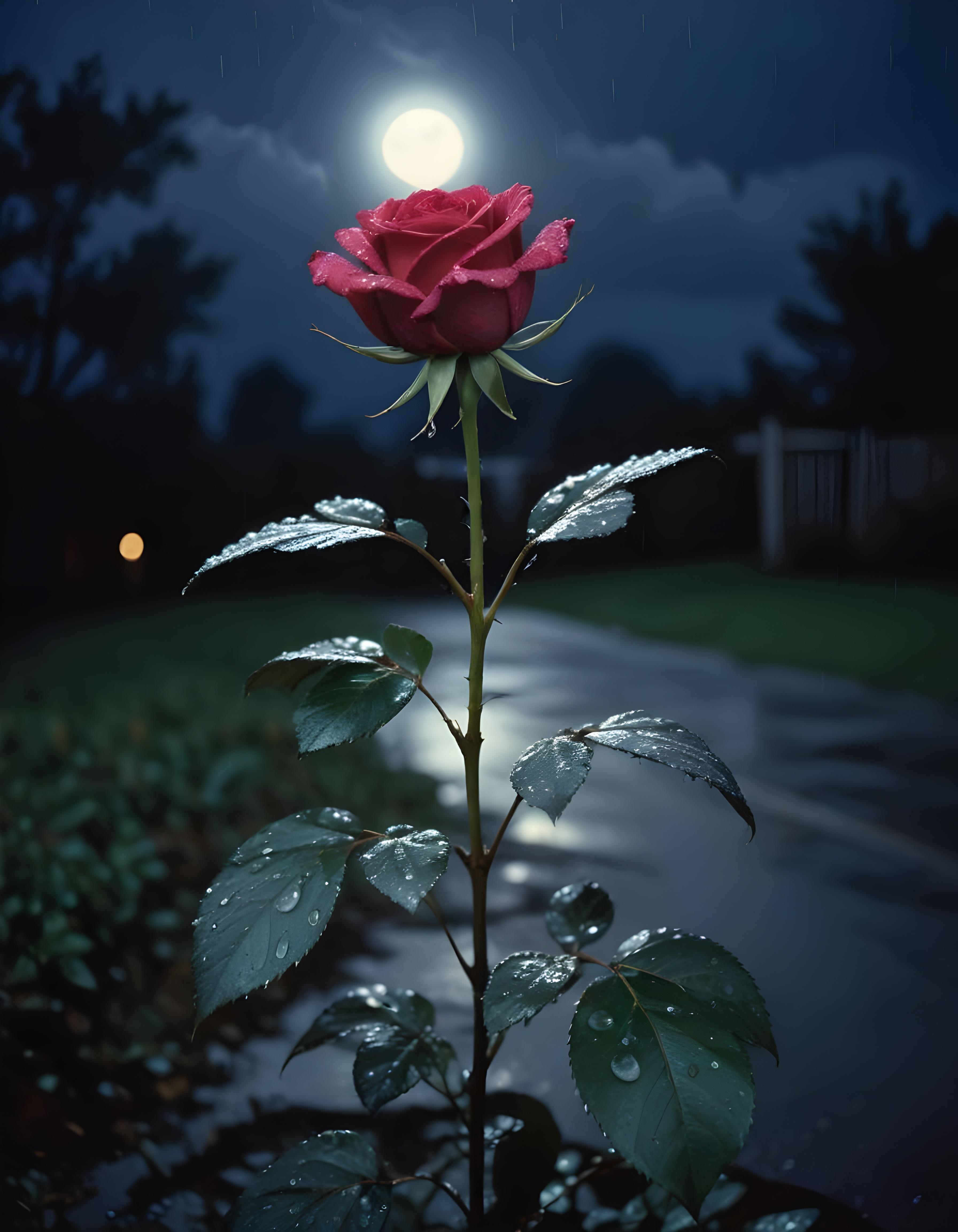 Romantic Rose Flower Under Moonlight with Dreamy Night Garden Background