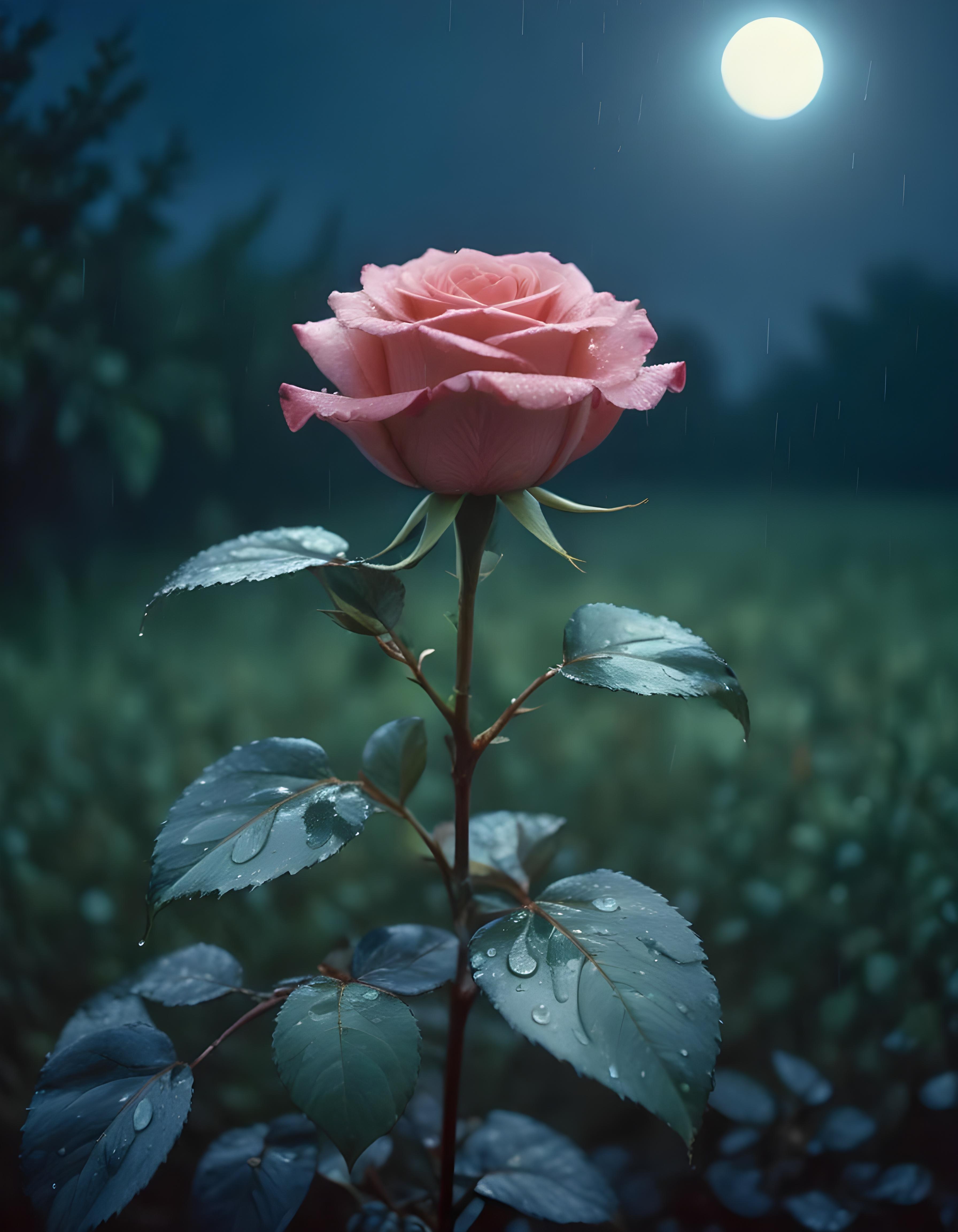 Romantic Rose Flower Under Moonlight with Dreamy Night Garden Background