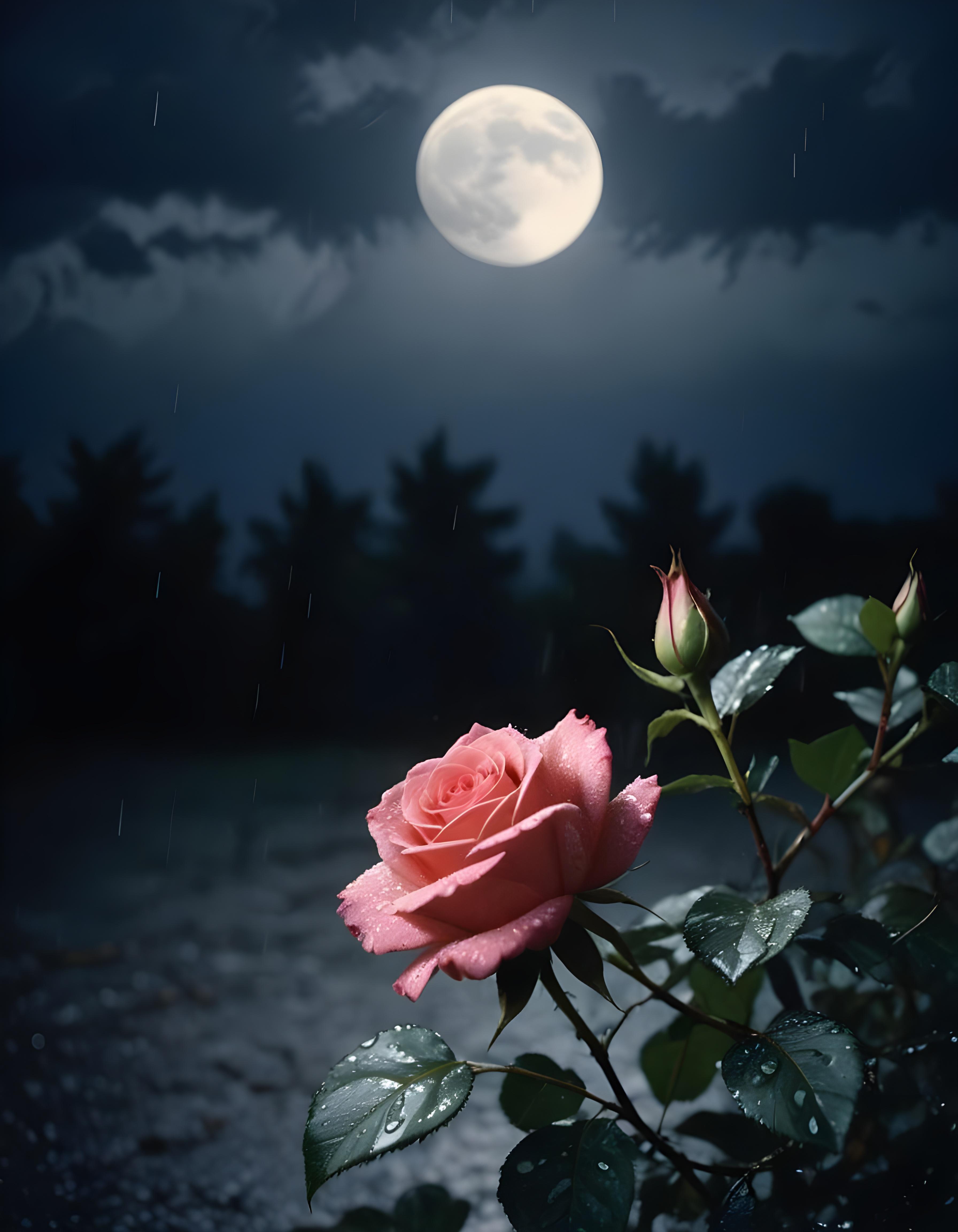 Romantic Rose Flower Under Moonlight with Dreamy Night Garden Background