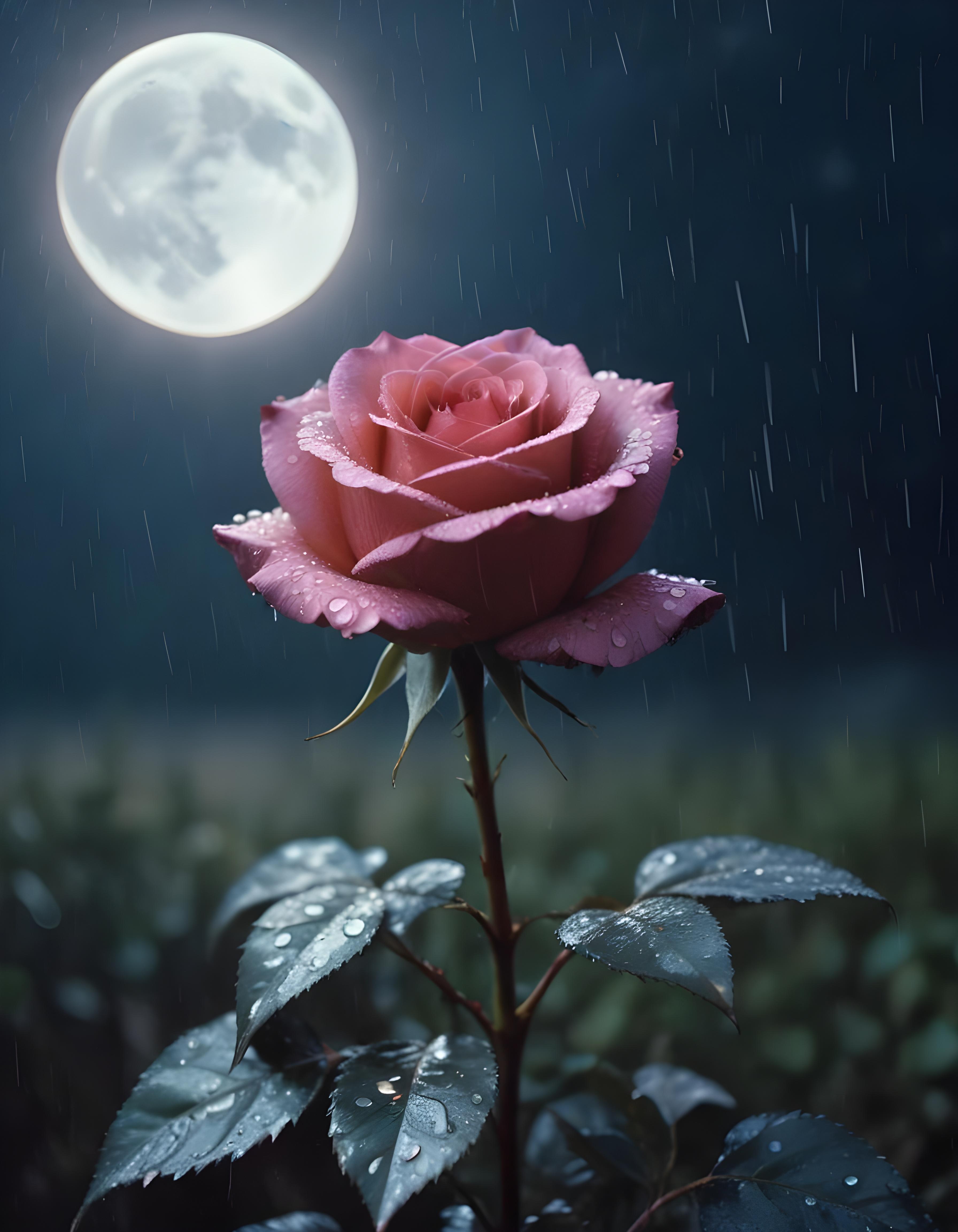 Romantic Rose Flower Under Moonlight with Dreamy Night Garden Background