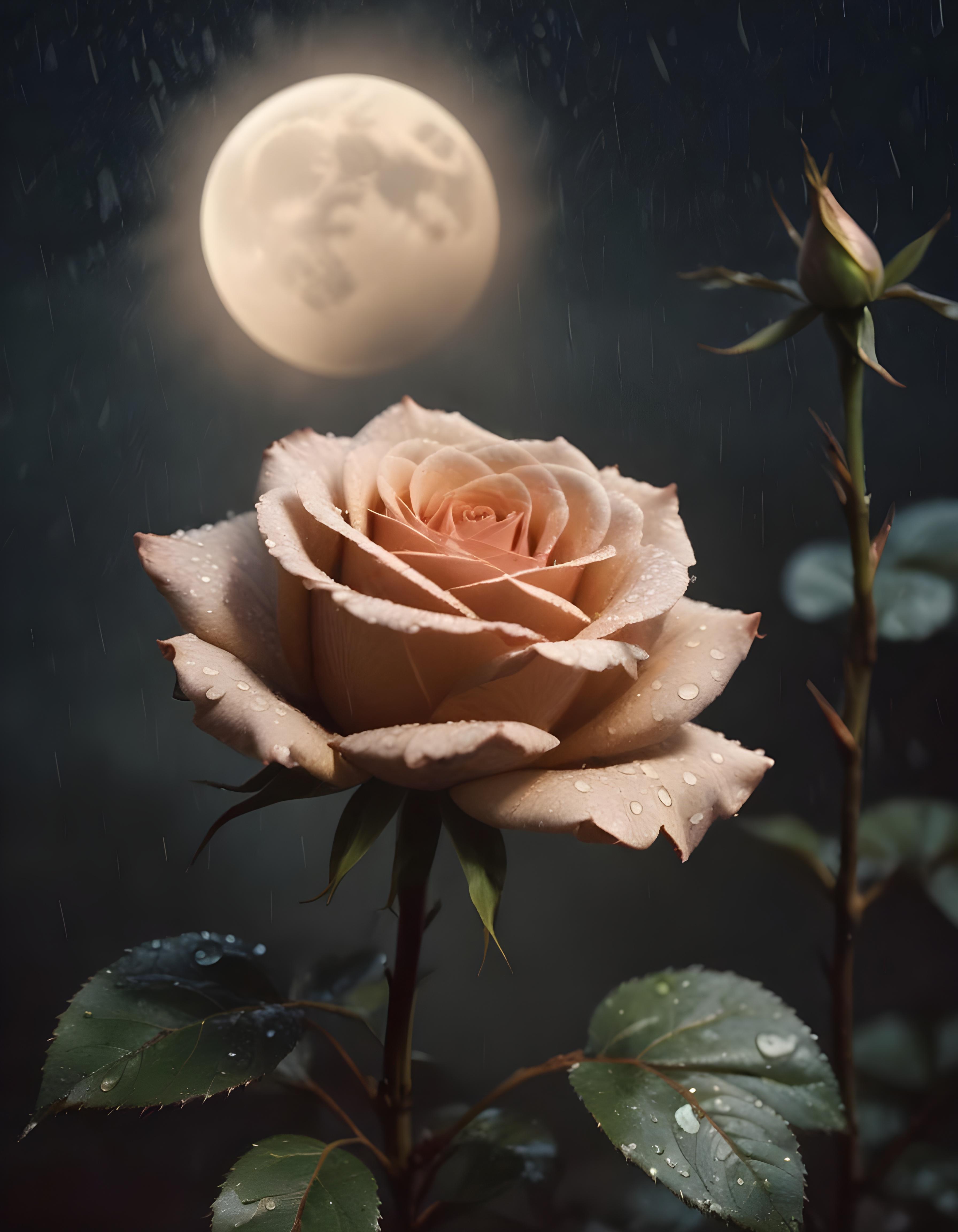 Romantic Rose Flower Under Moonlight with Dreamy Night Garden Background
