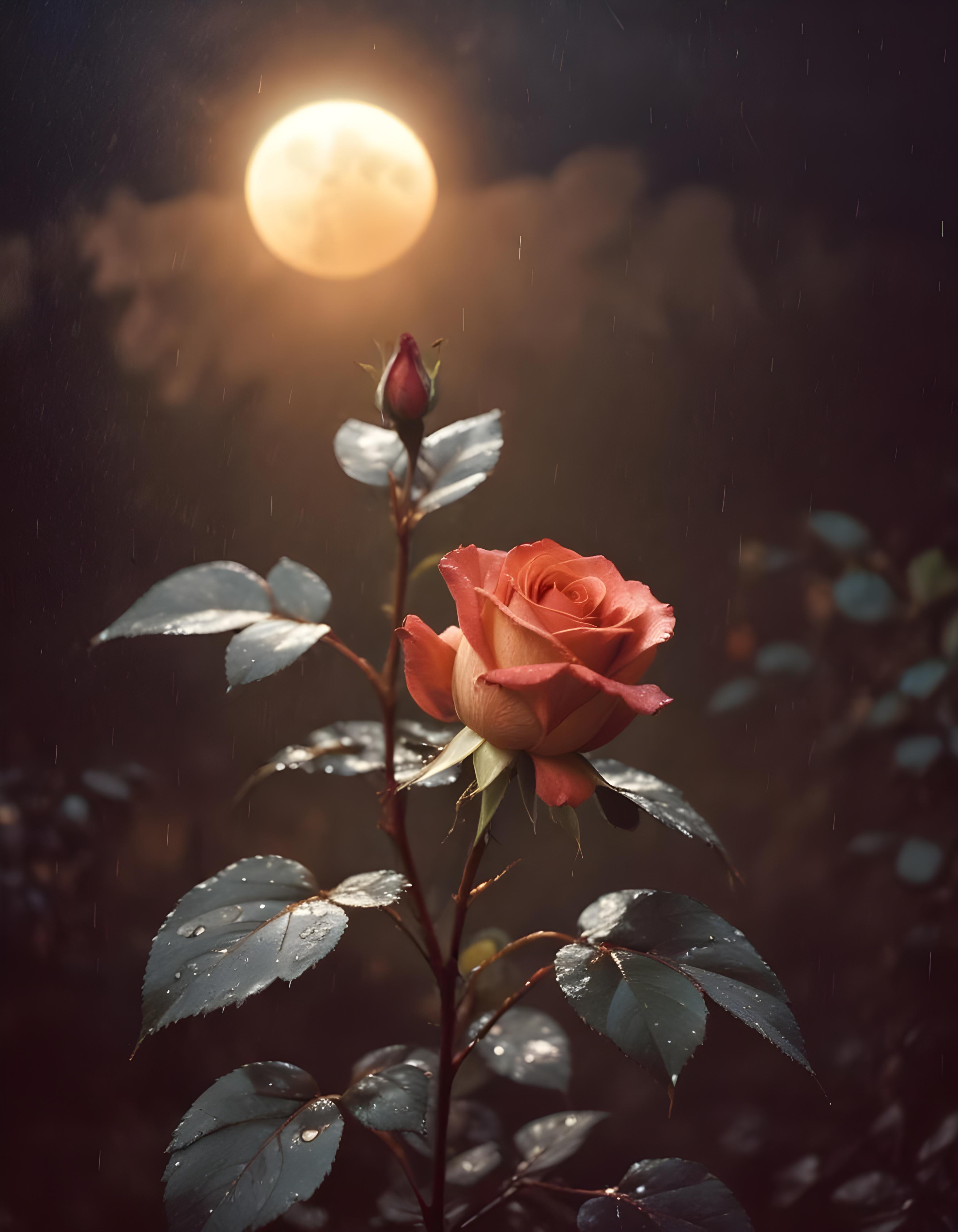 Romantic Rose Flower Under Moonlight with Dreamy Night Garden Background