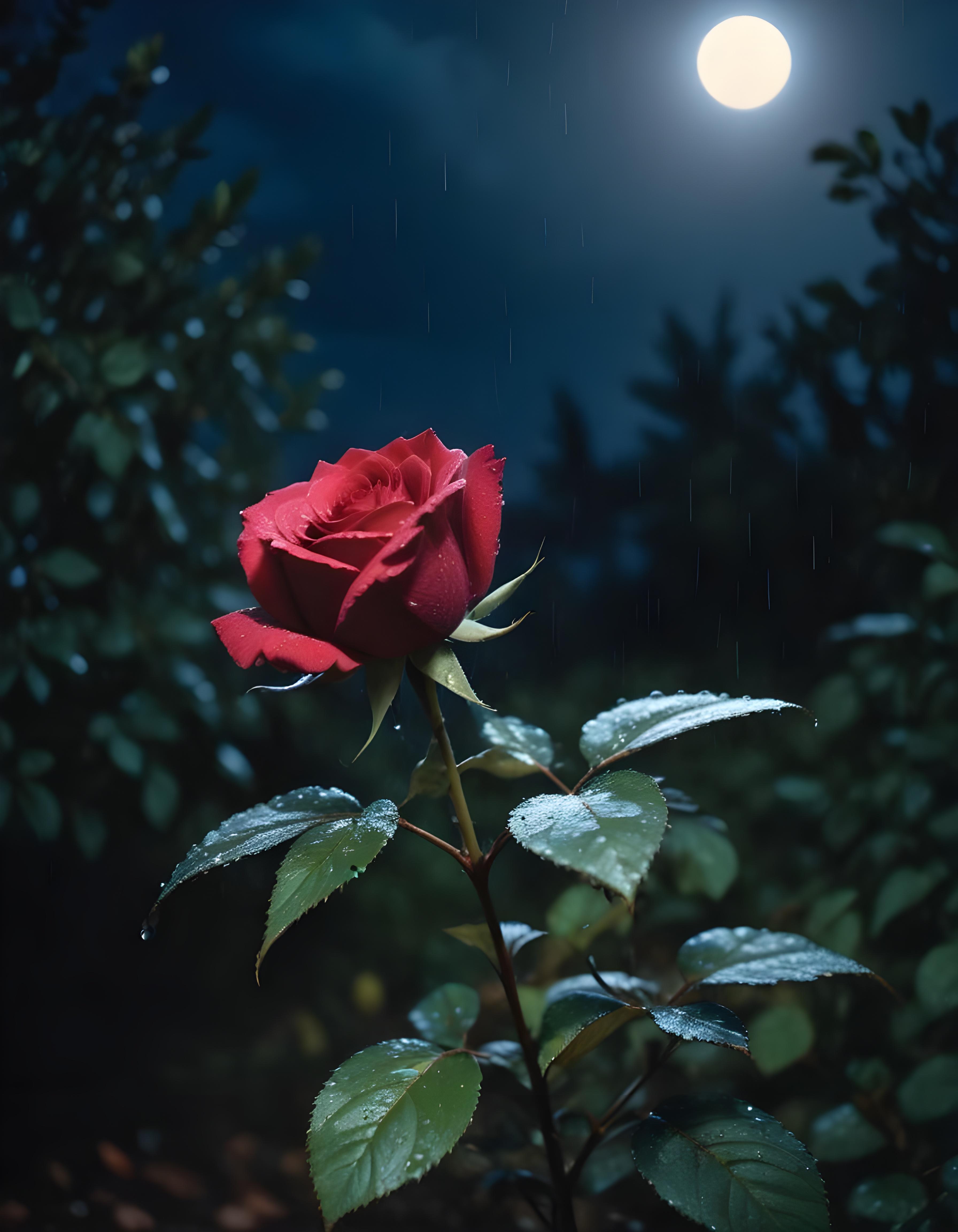 Romantic Rose Flower Under Moonlight with Dreamy Night Garden Background