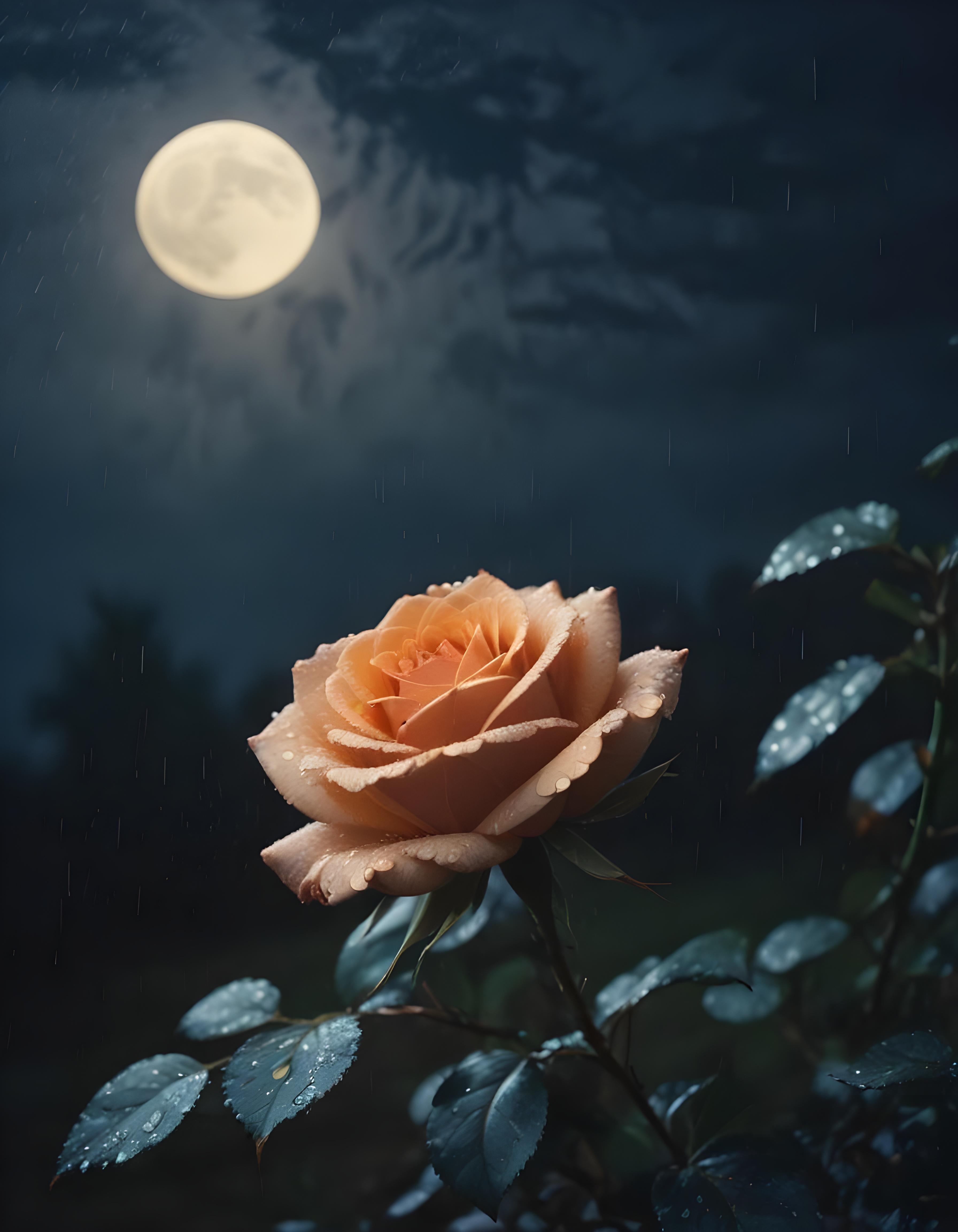 Romantic Rose Flower Under Moonlight with Dreamy Night Garden Background
