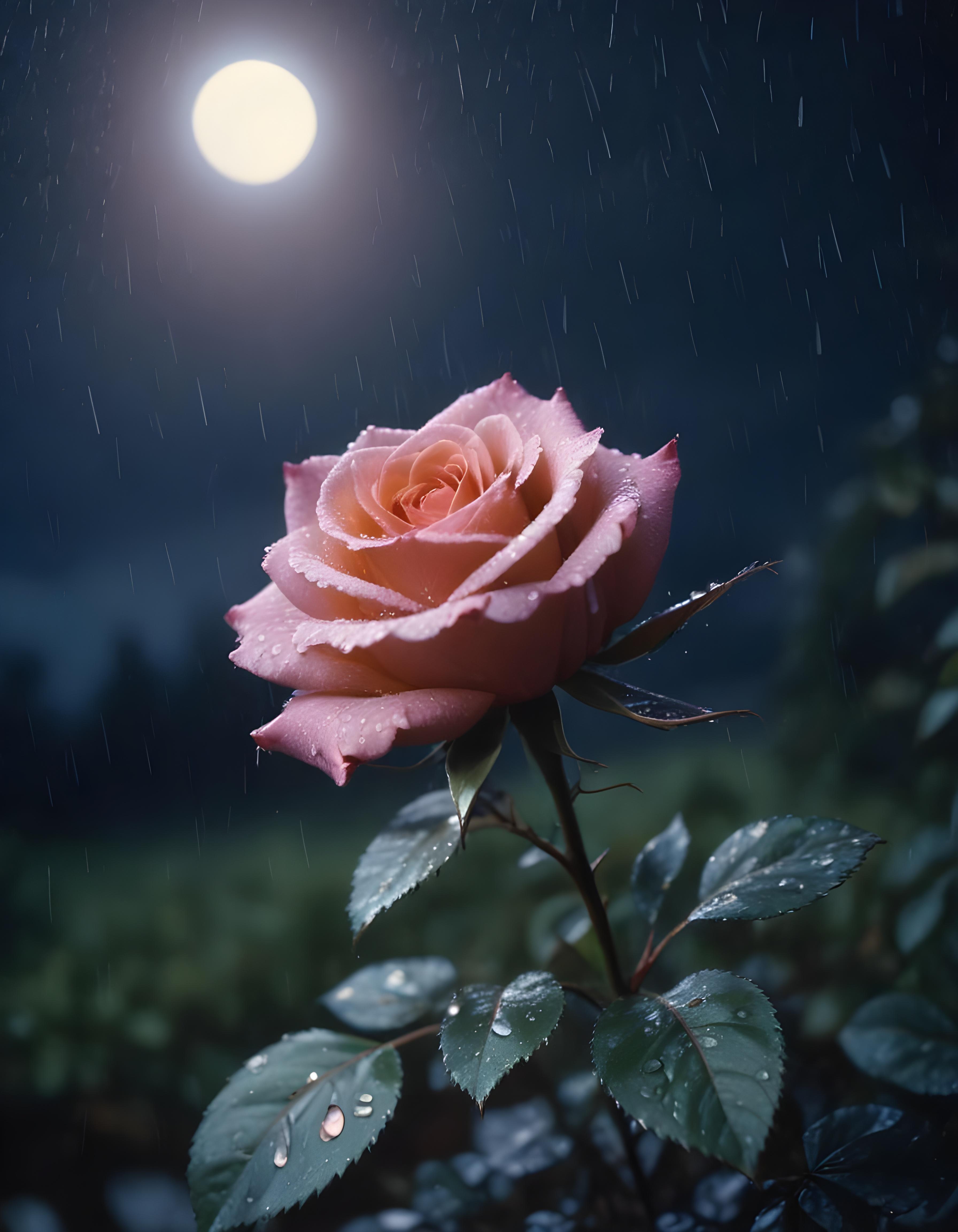Romantic Rose Flower Under Moonlight with Dreamy Night Garden Background