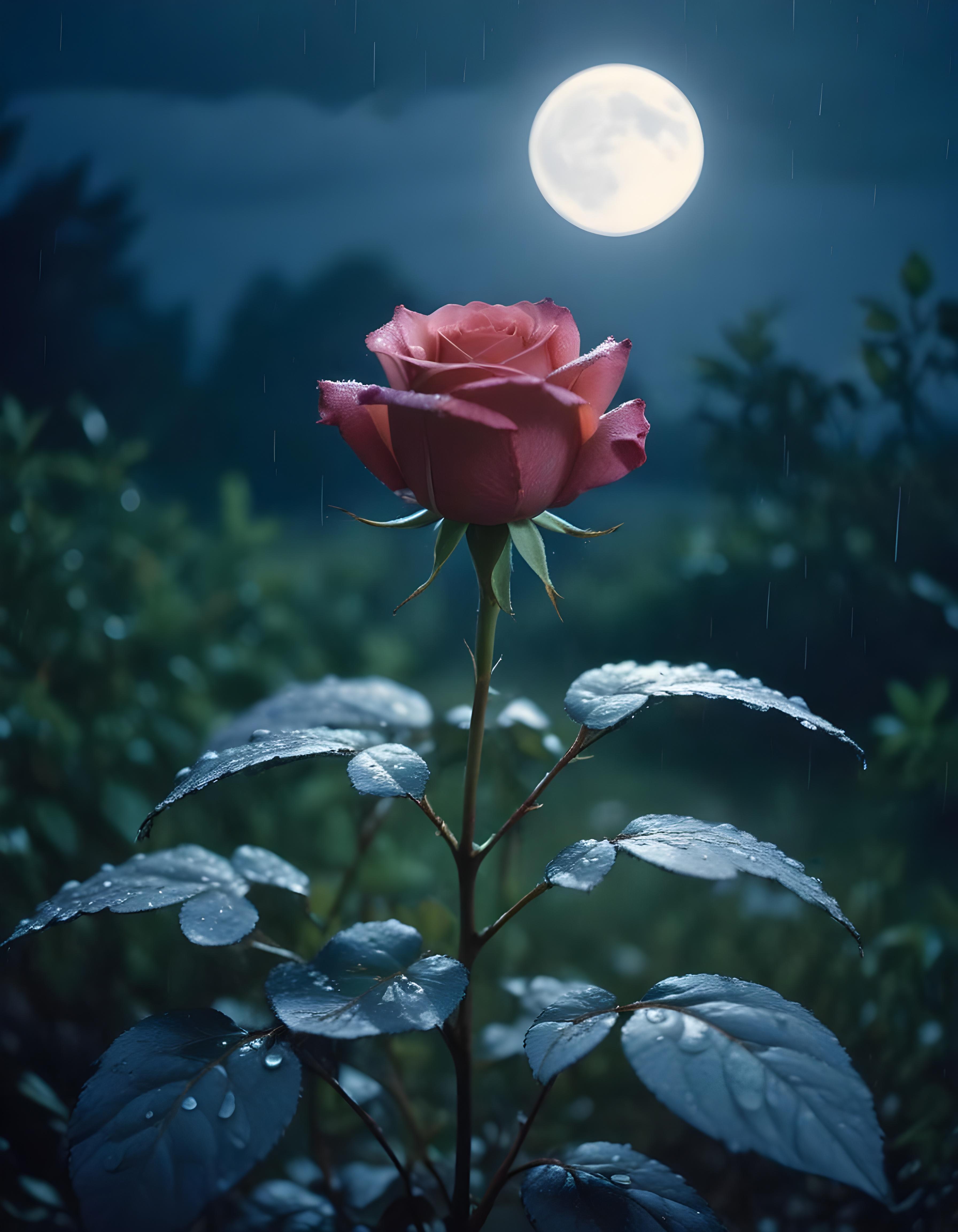 Romantic Rose Flower Under Moonlight with Dreamy Night Garden Background