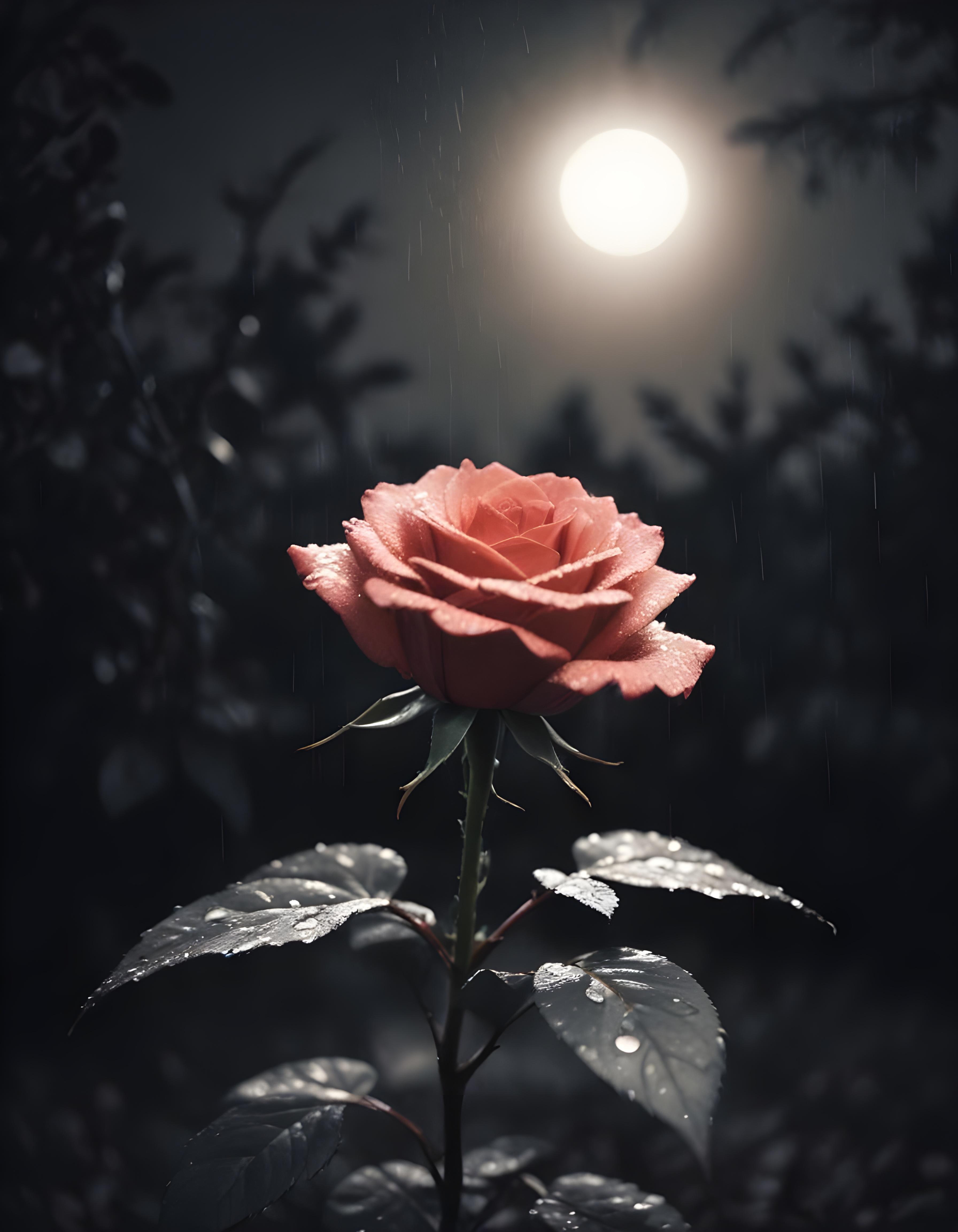 Romantic Rose Flower Under Moonlight with Dreamy Night Garden Background