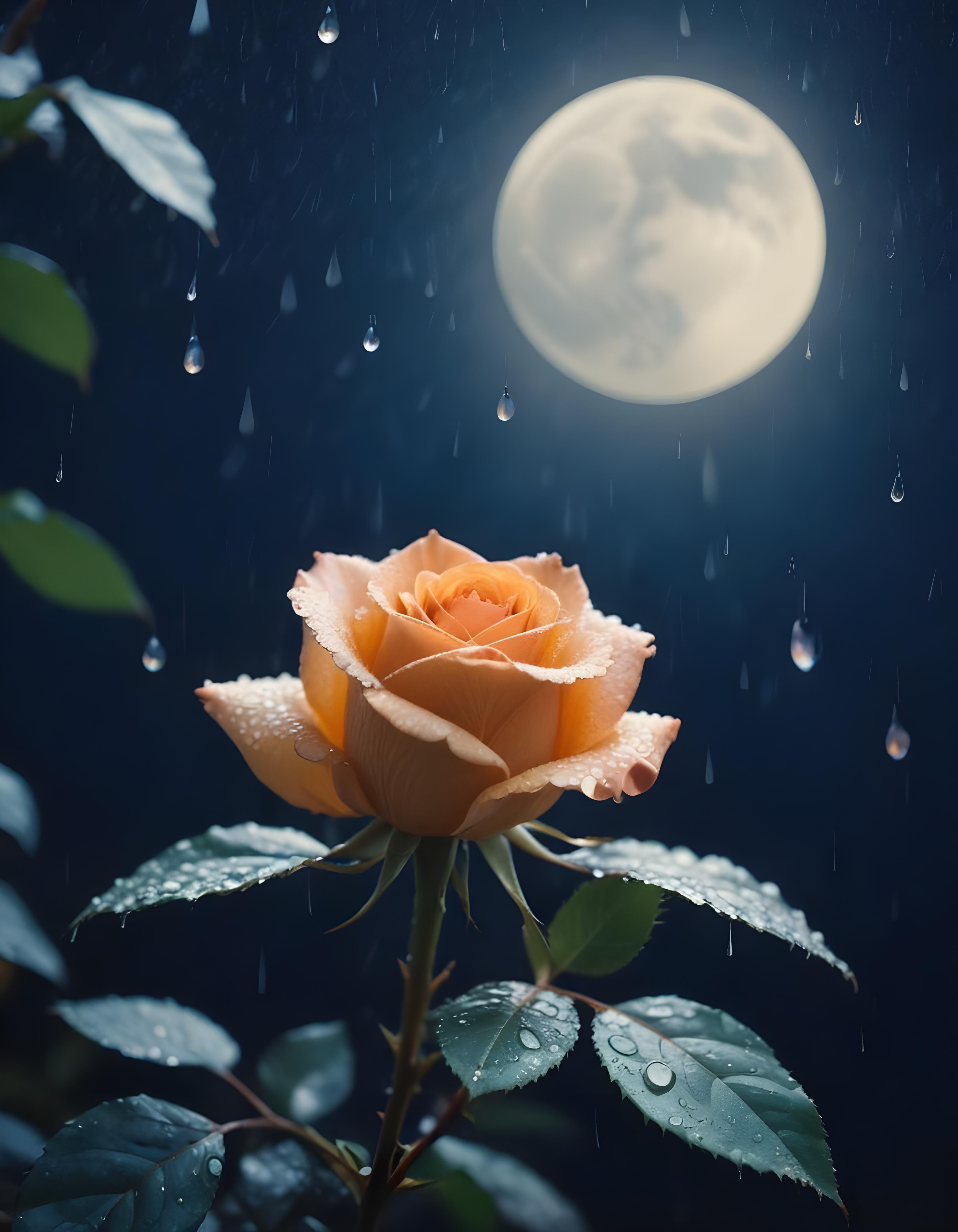 Romantic Rose Flower Under Moonlight with Dreamy Night Garden Background