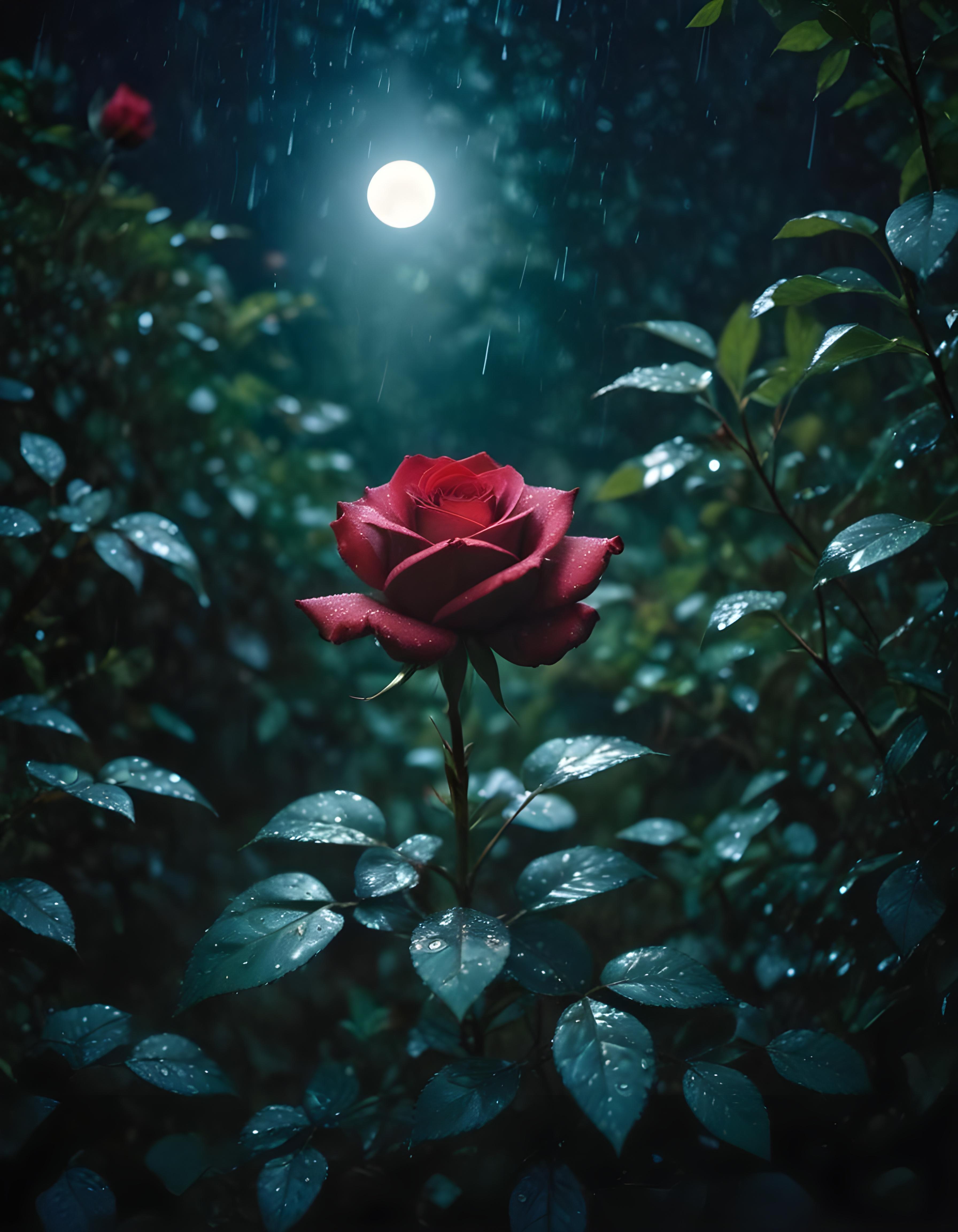 Romantic Rose Flower Under Moonlight with Dreamy Night Garden Background