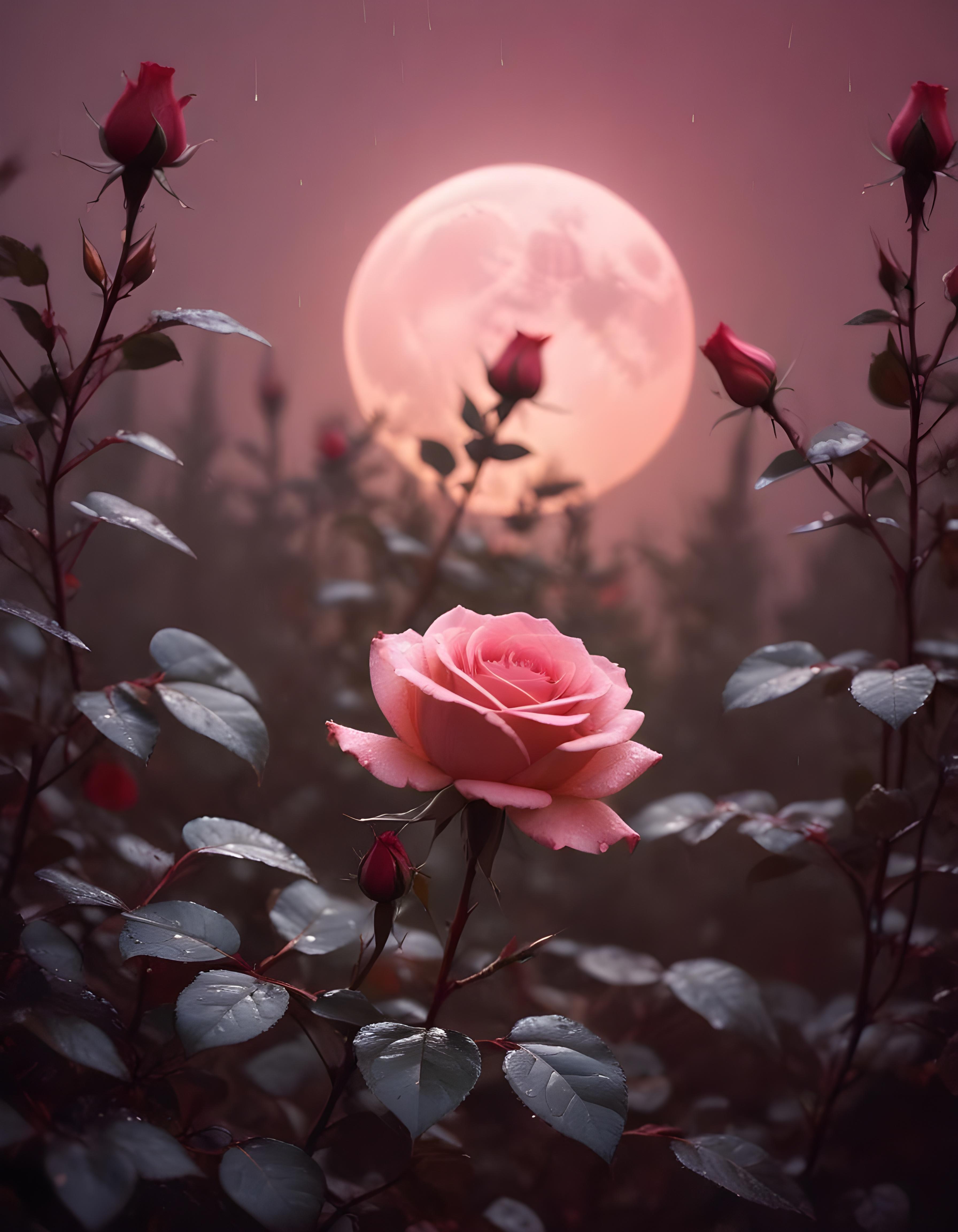 Romantic Rose Flower Under Moonlight with Dreamy Night Garden Background