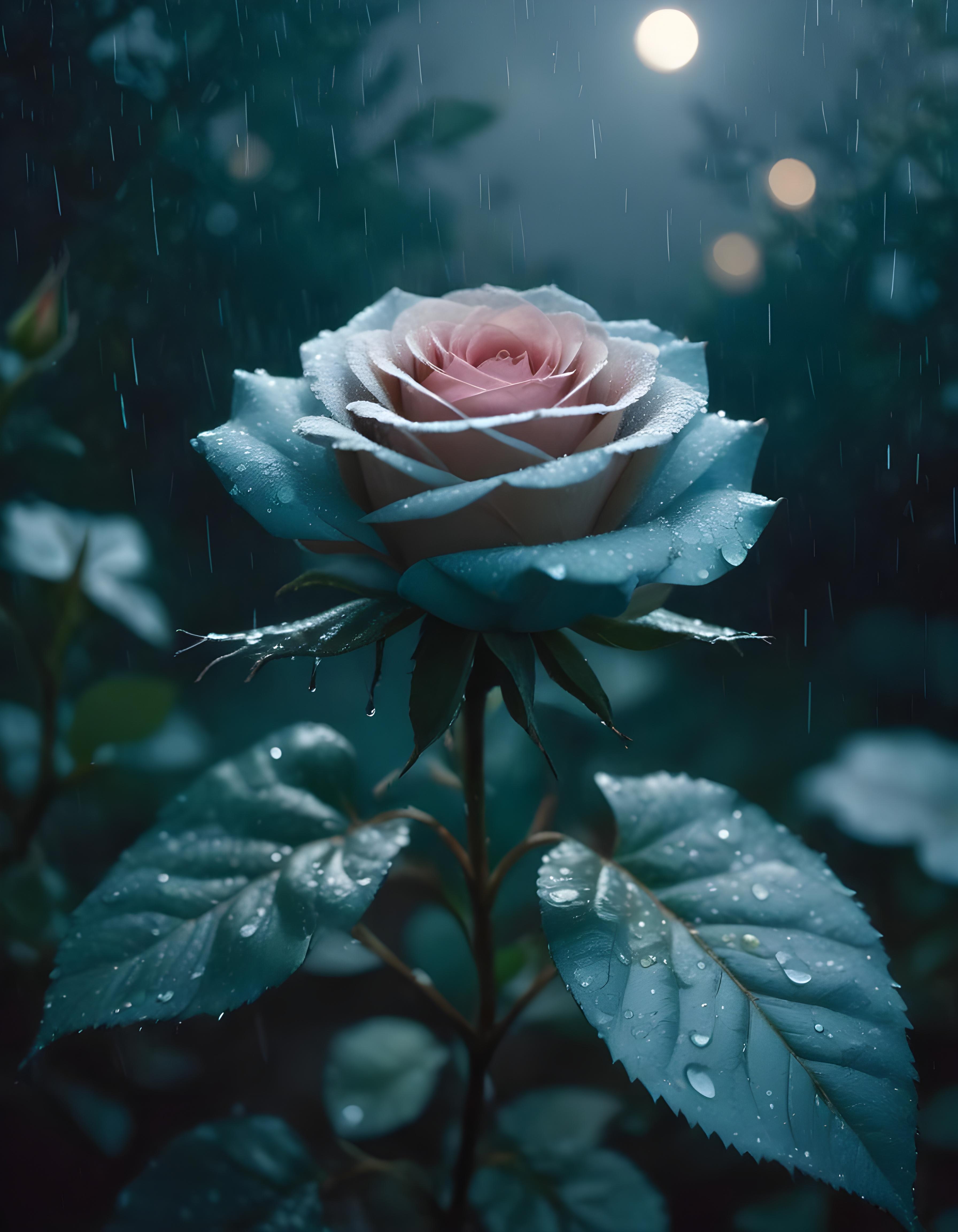 Romantic Rose Flower Under Moonlight with Dreamy Night Garden Background