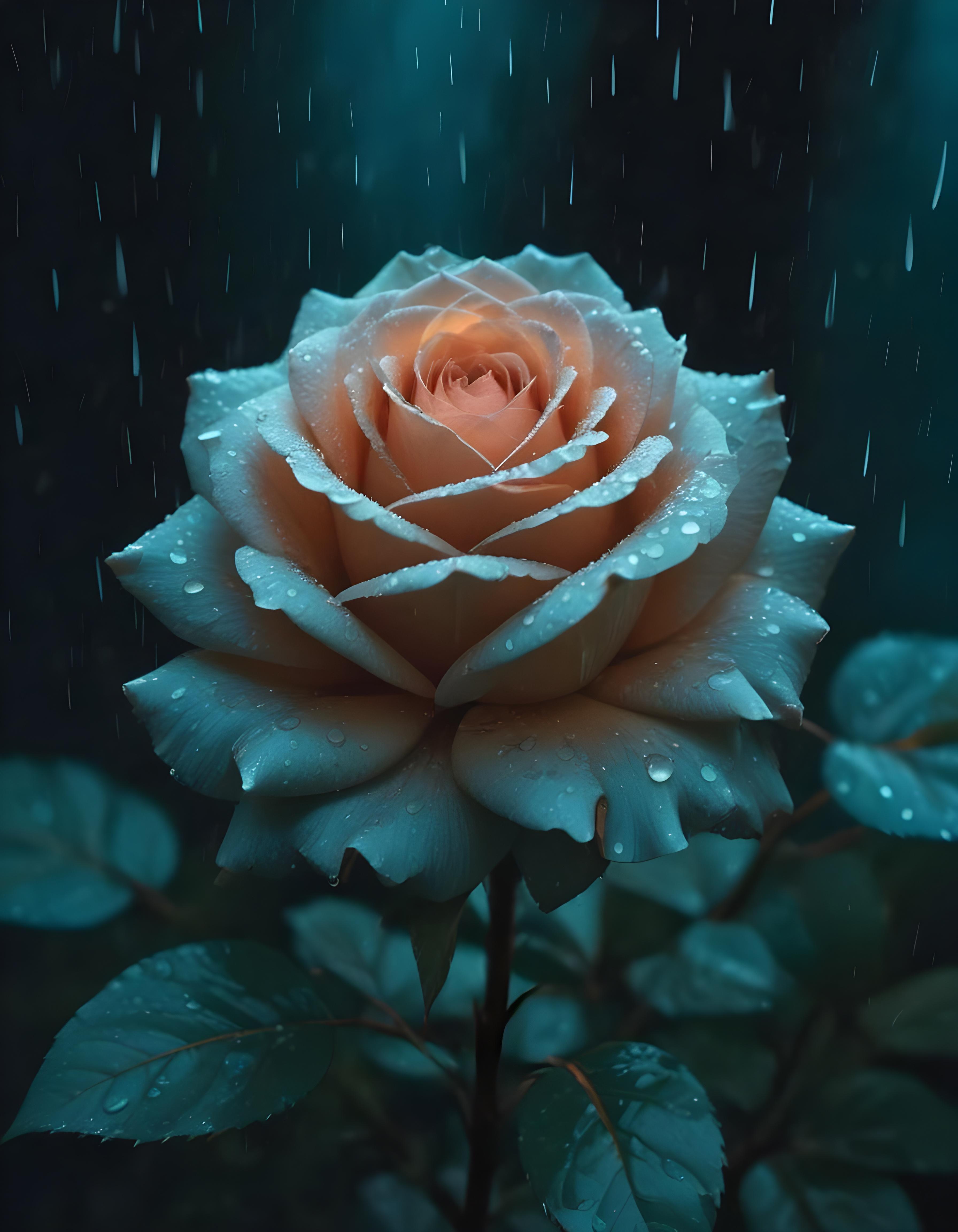 Romantic Rose Flower Under Moonlight with Dreamy Night Garden Background