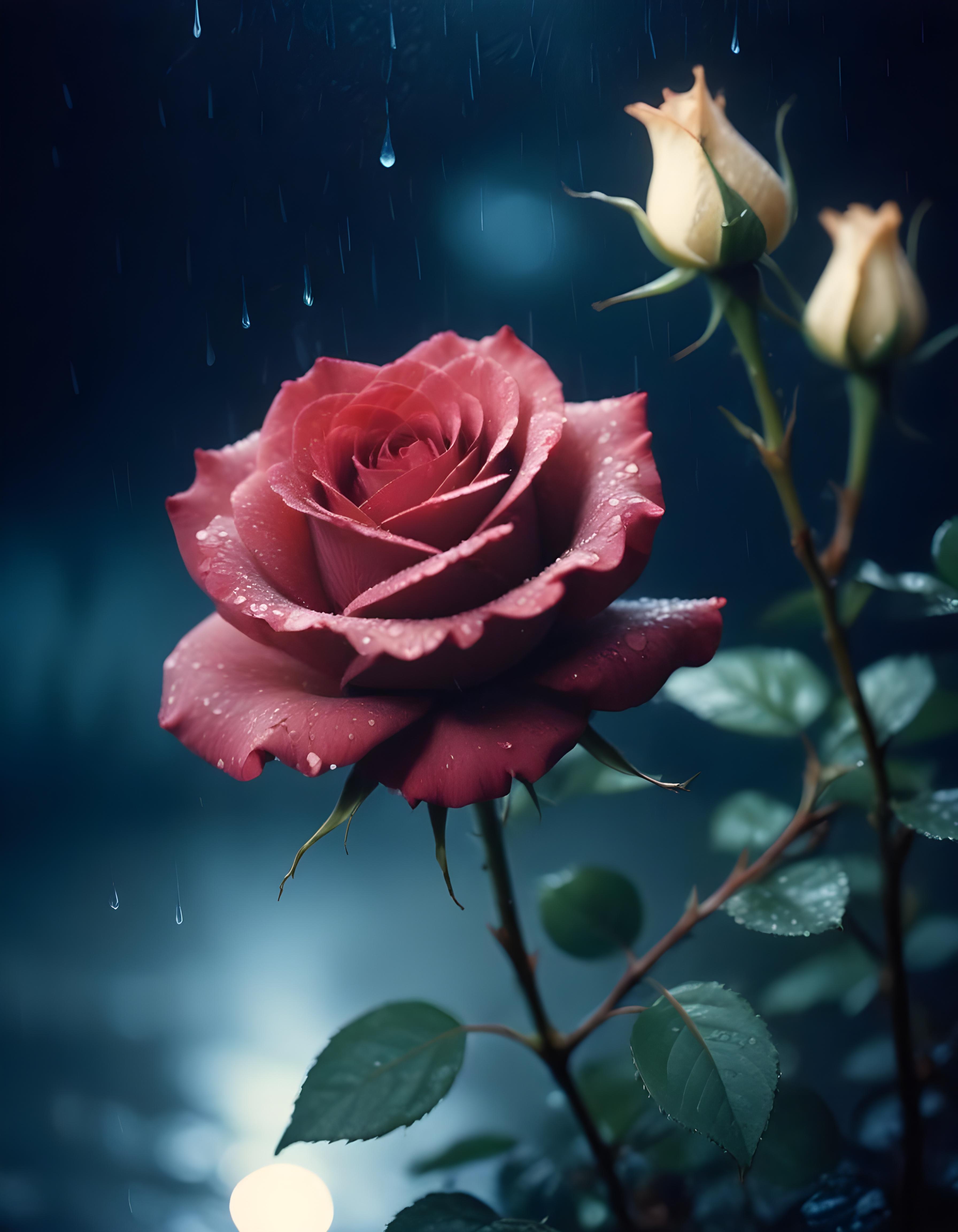 Romantic Rose Flower Under Moonlight with Dreamy Night Garden Background