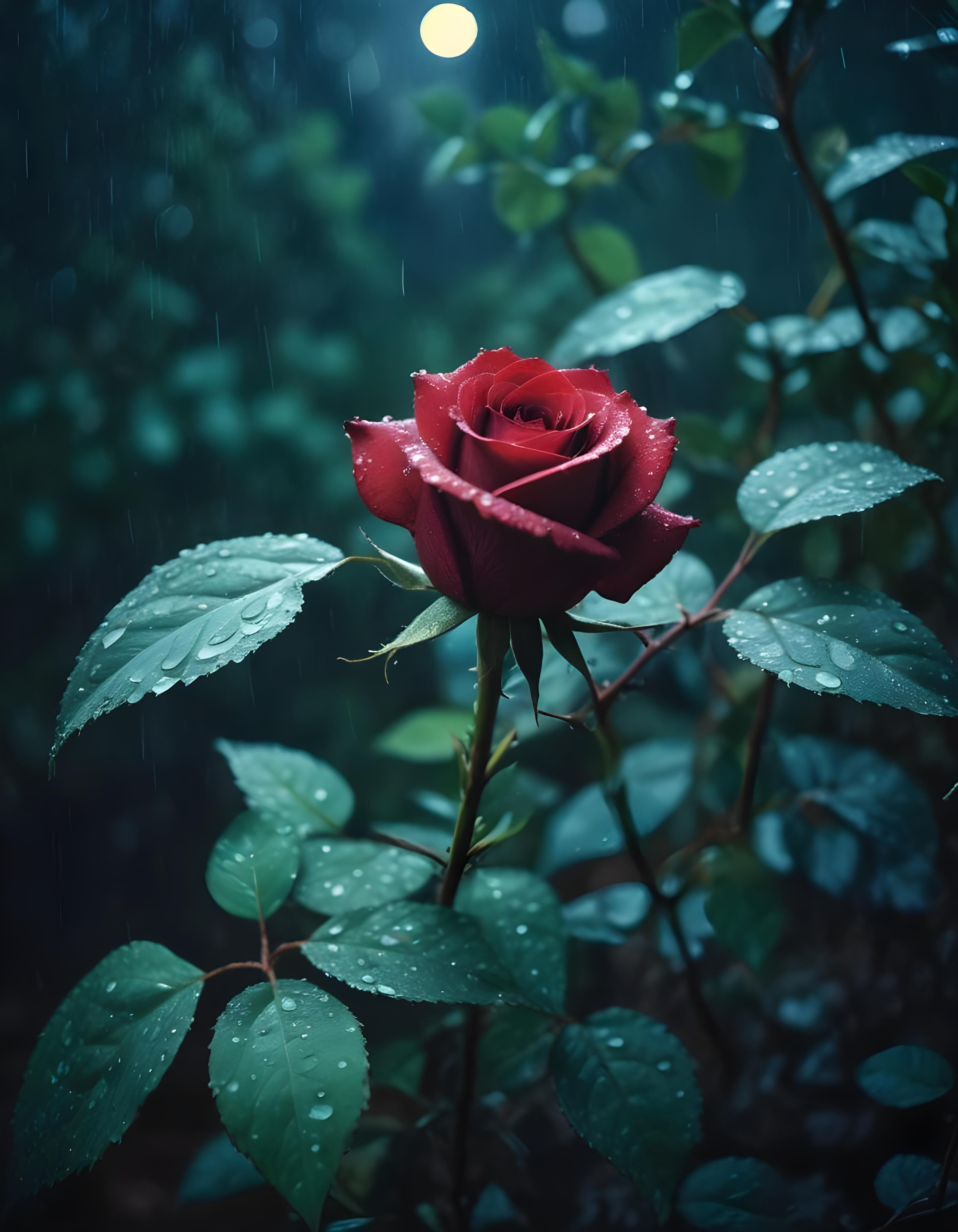 Romantic Rose Flower Under Moonlight with Dreamy Night Garden Background