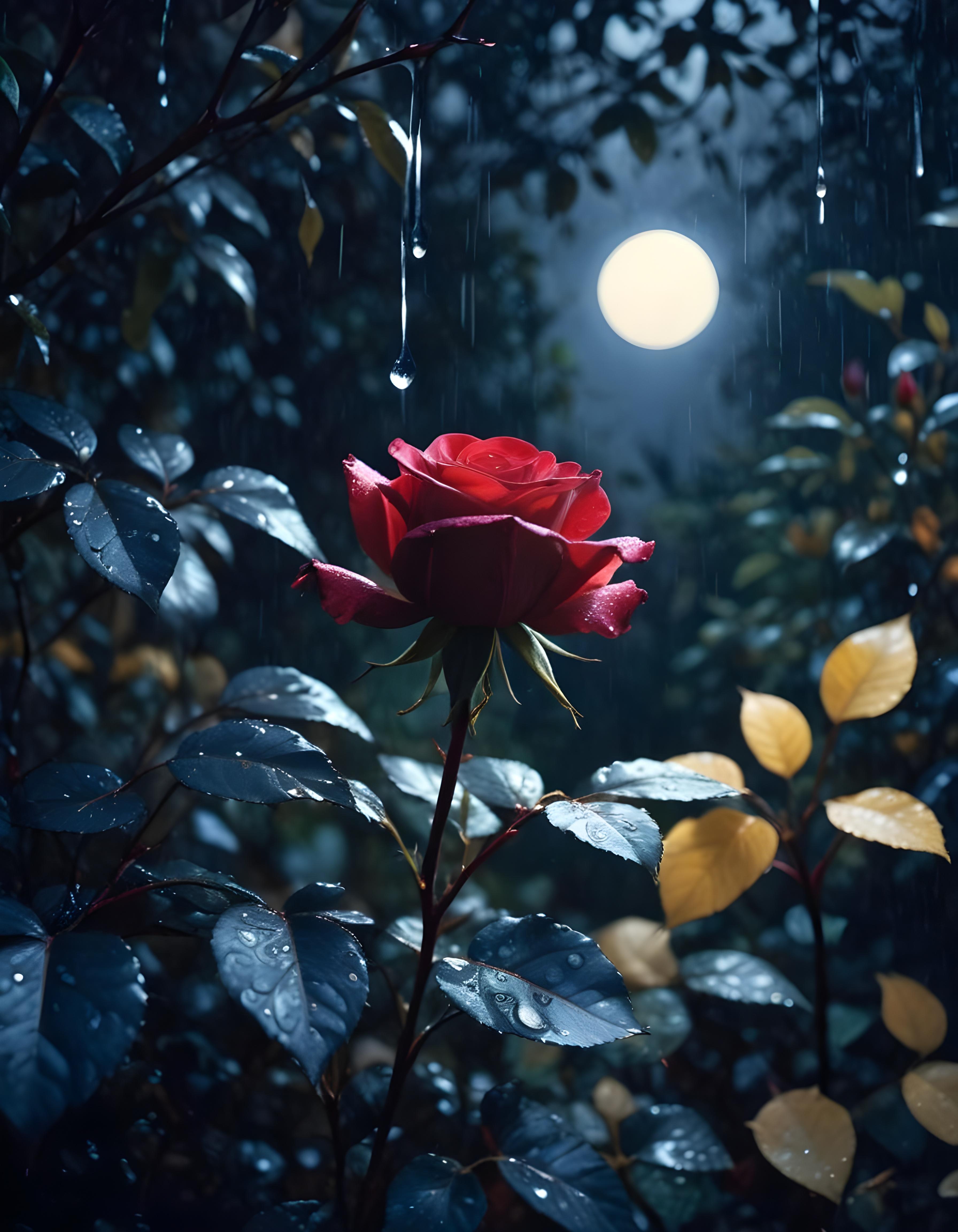 Romantic Rose Flower Under Moonlight with Dreamy Night Garden Background