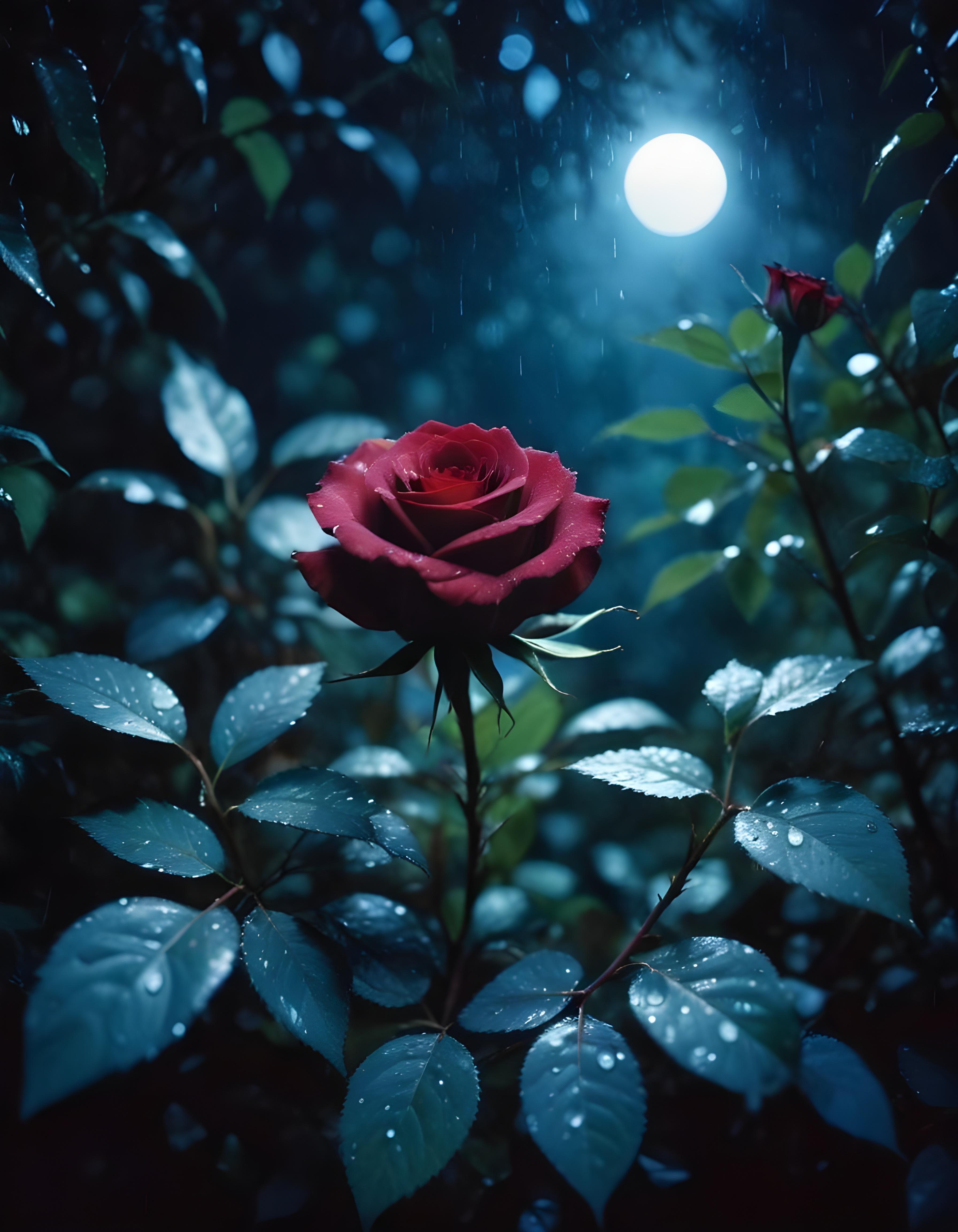 Romantic Rose Flower Under Moonlight with Dreamy Night Garden Background