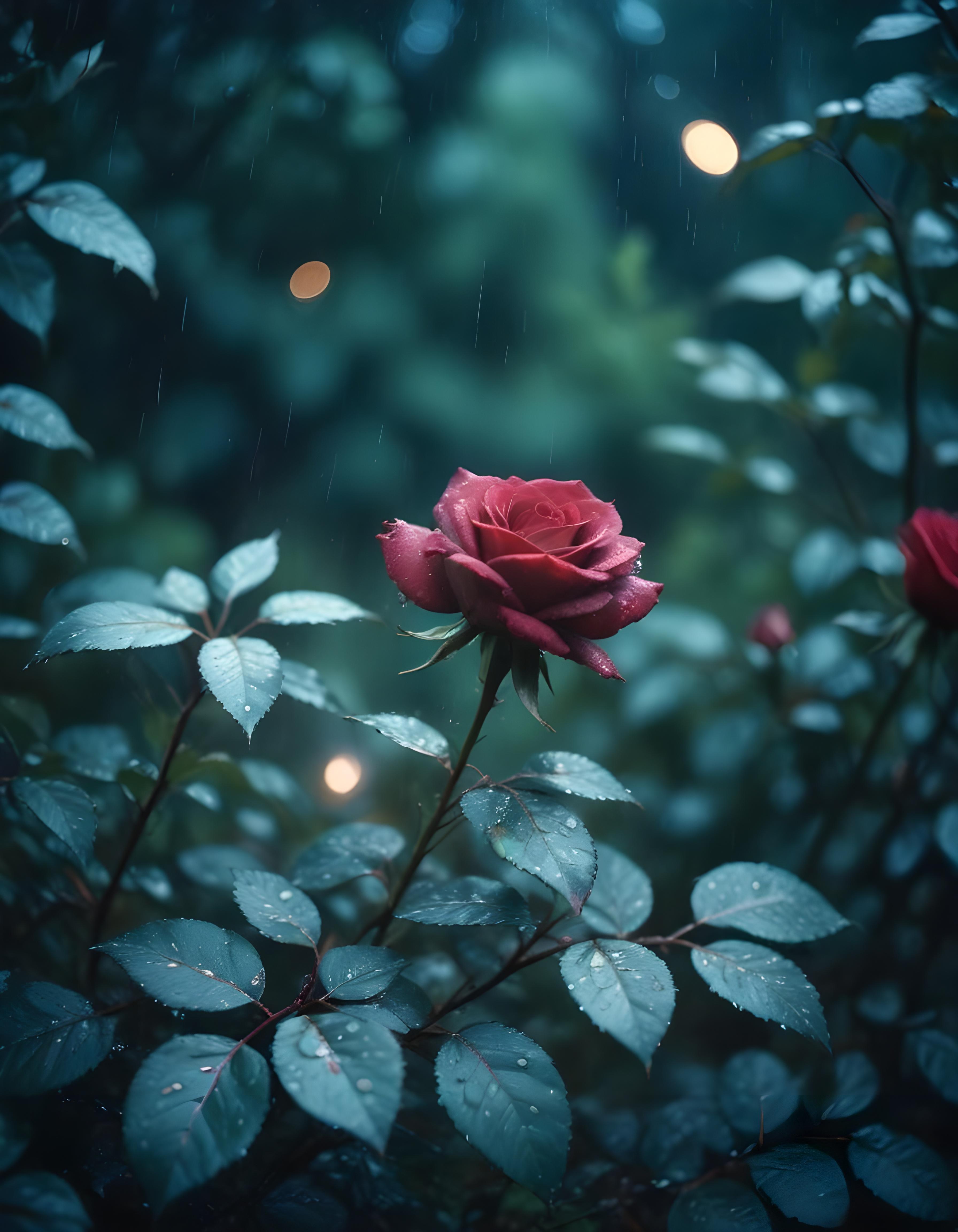 Romantic Rose Flower Under Moonlight with Dreamy Night Garden Background