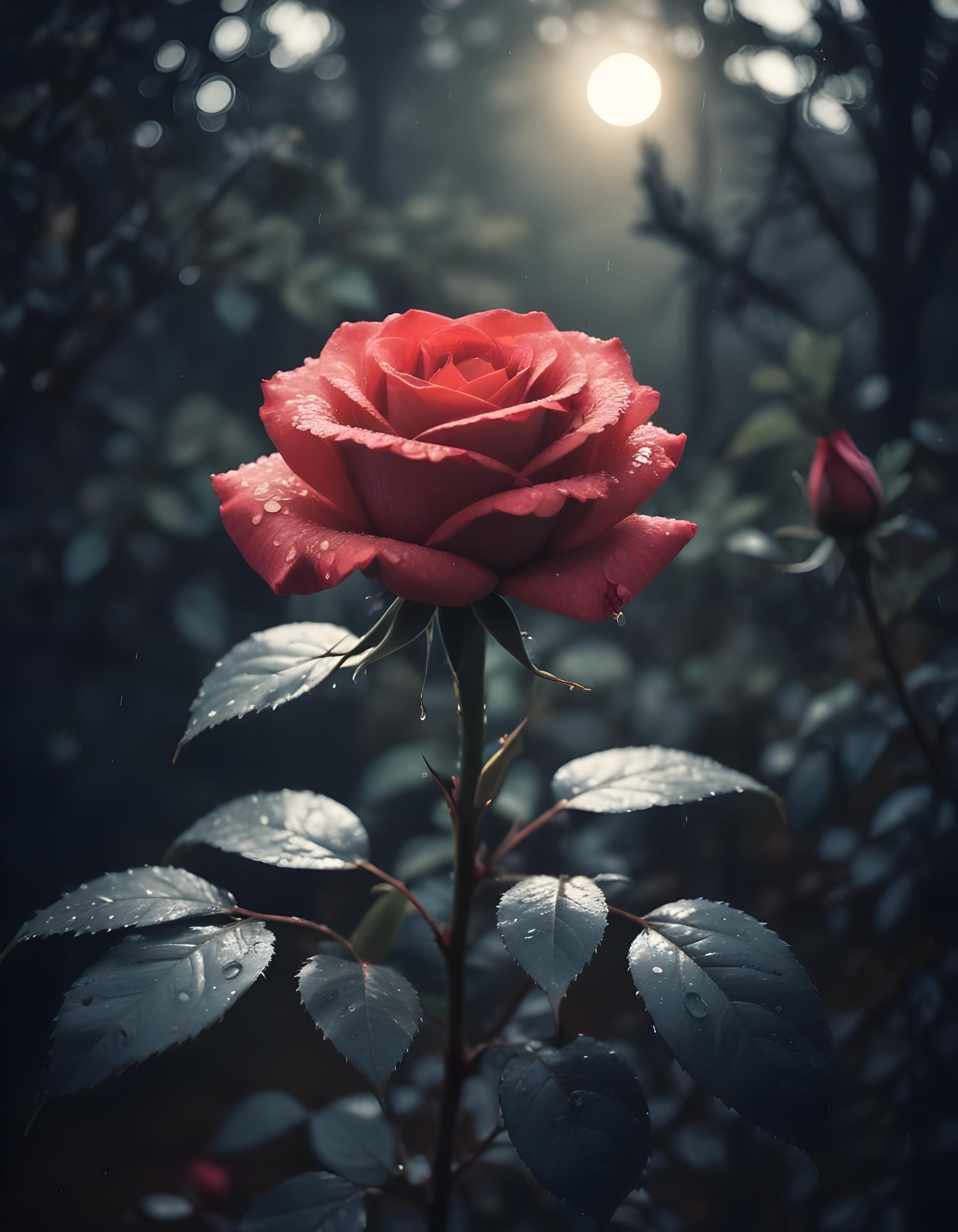 Romantic Rose Flower Under Moonlight with Dreamy Night Garden Background