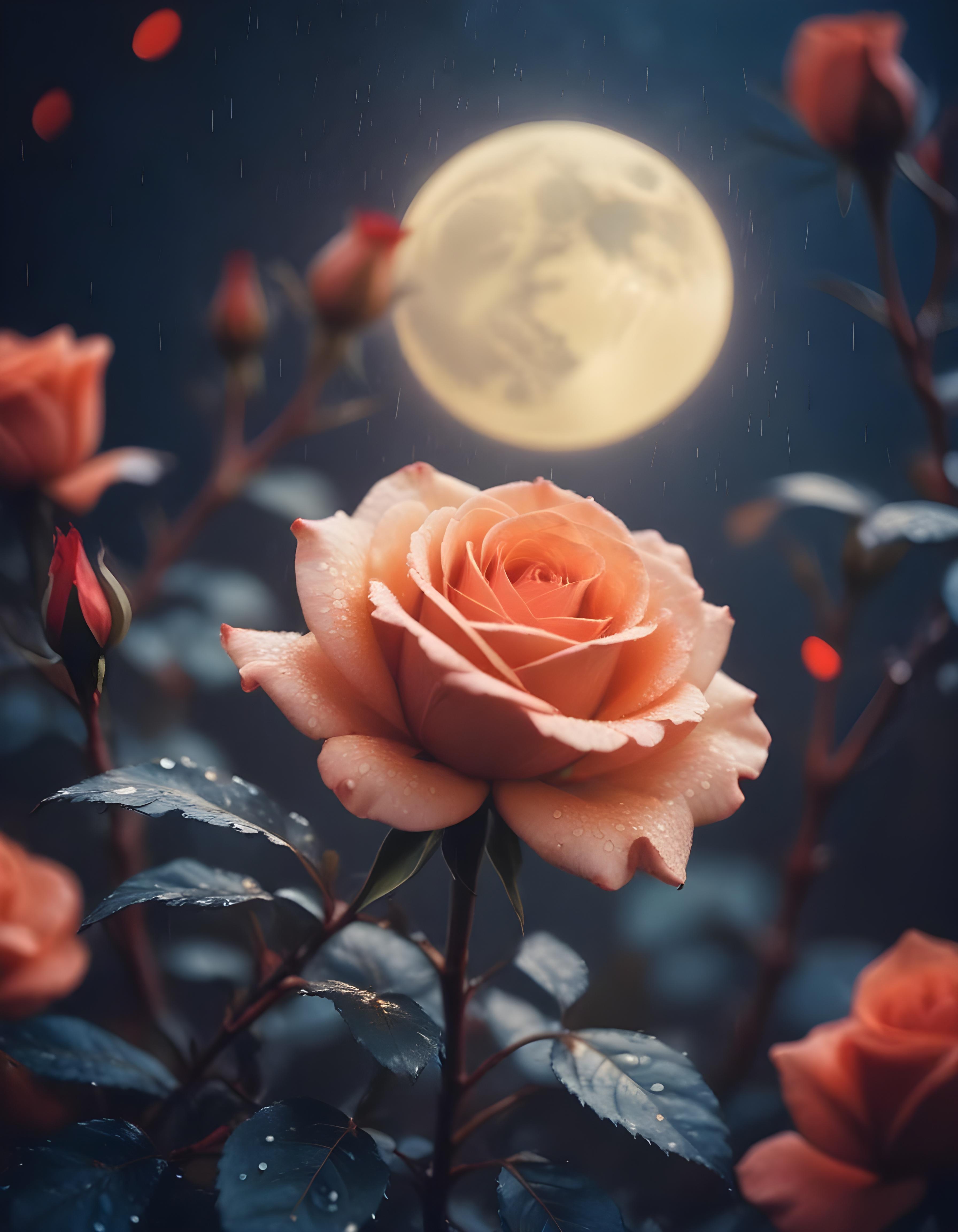 Romantic Rose Flower Under Moonlight with Dreamy Night Garden Background