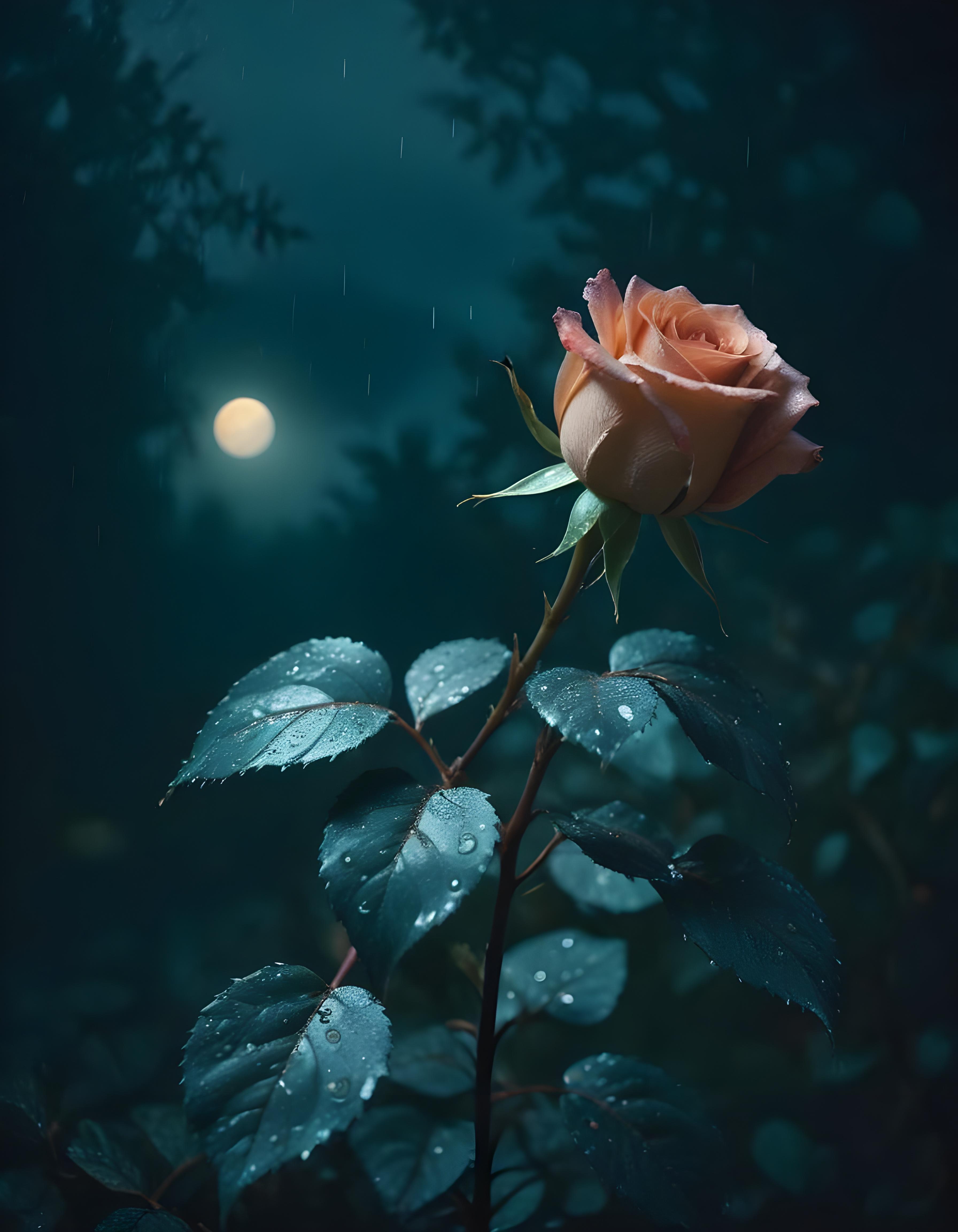 Romantic Rose Flower Under Moonlight with Dreamy Night Garden Background