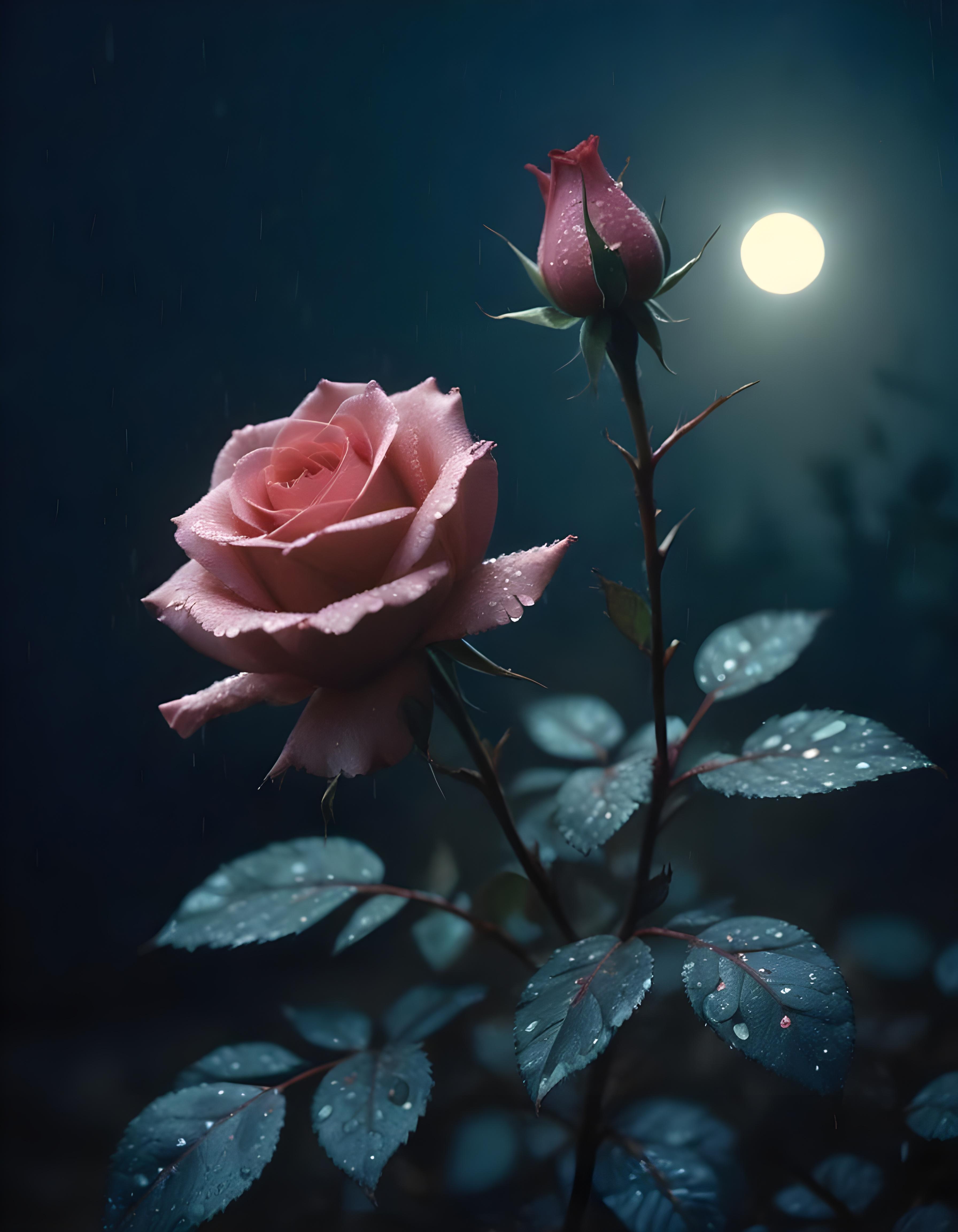 Romantic Rose Flower Under Moonlight with Dreamy Night Garden Background