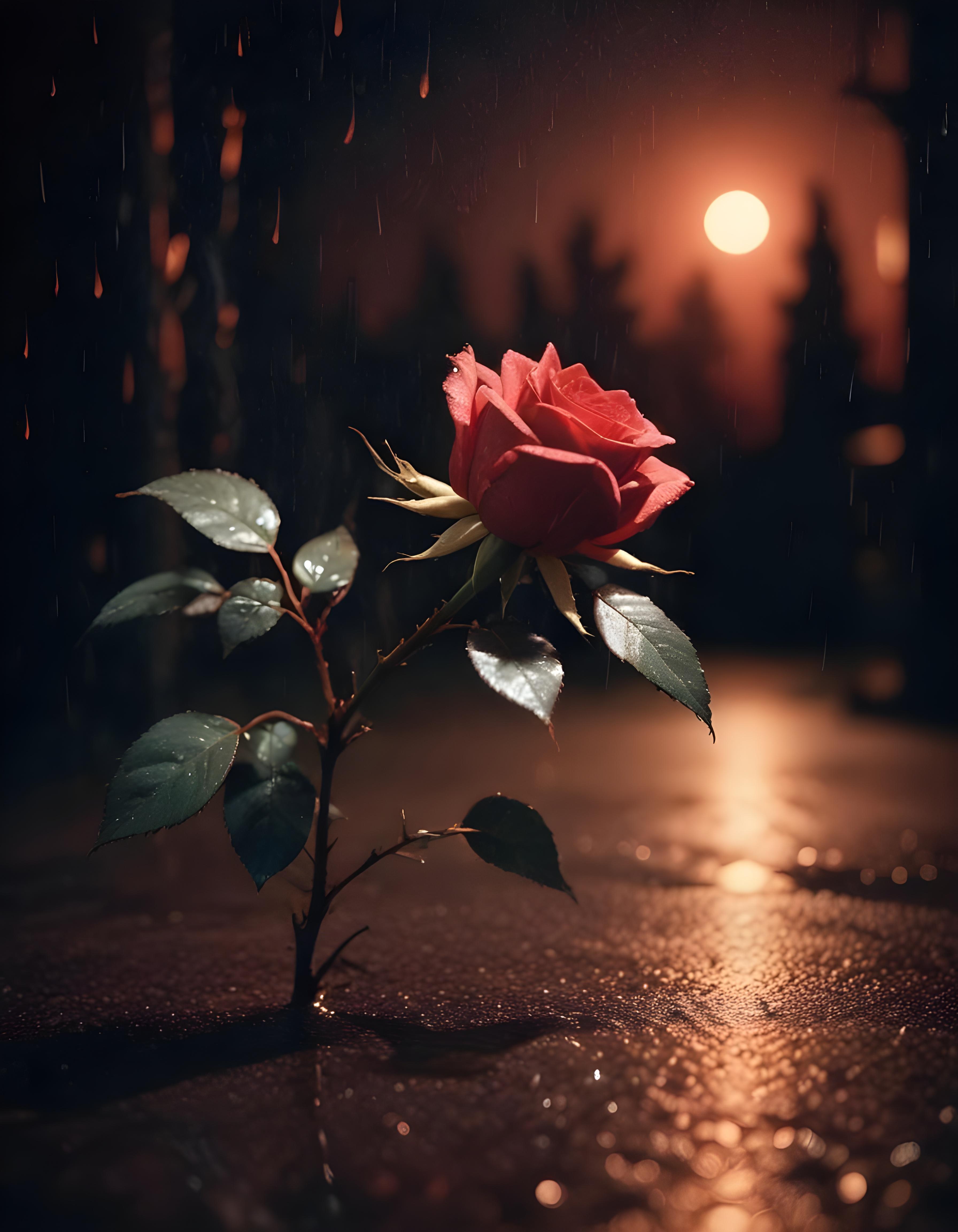 Romantic Rose Flower Under Moonlight with Dreamy Night Garden Background