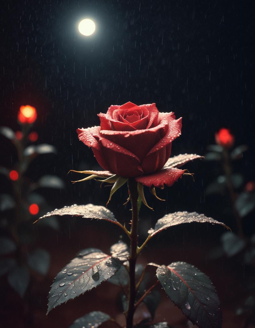 Romantic Rose Flower Under Moonlight with Dreamy Night Garden Background