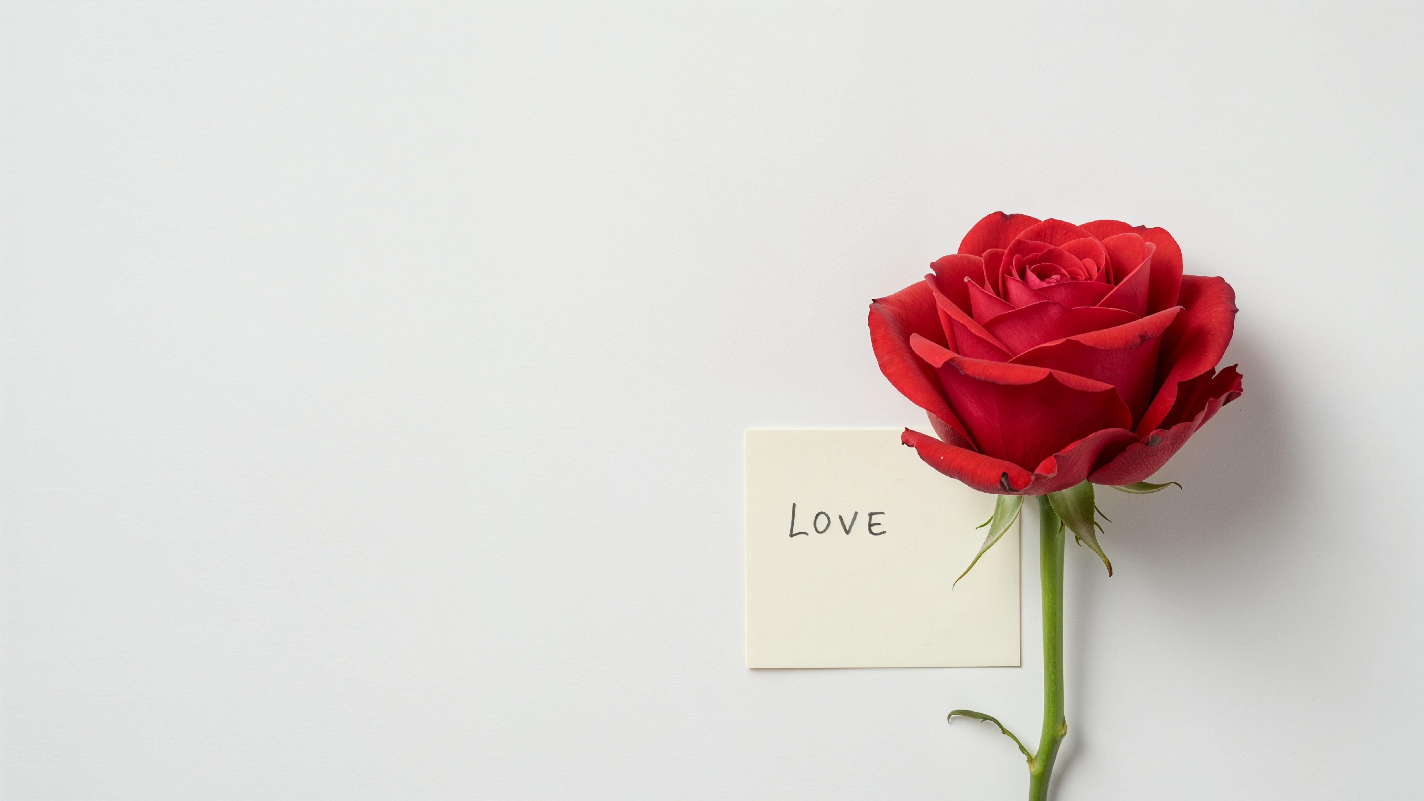 Single Red Rose with Love Note on Minimal White Background