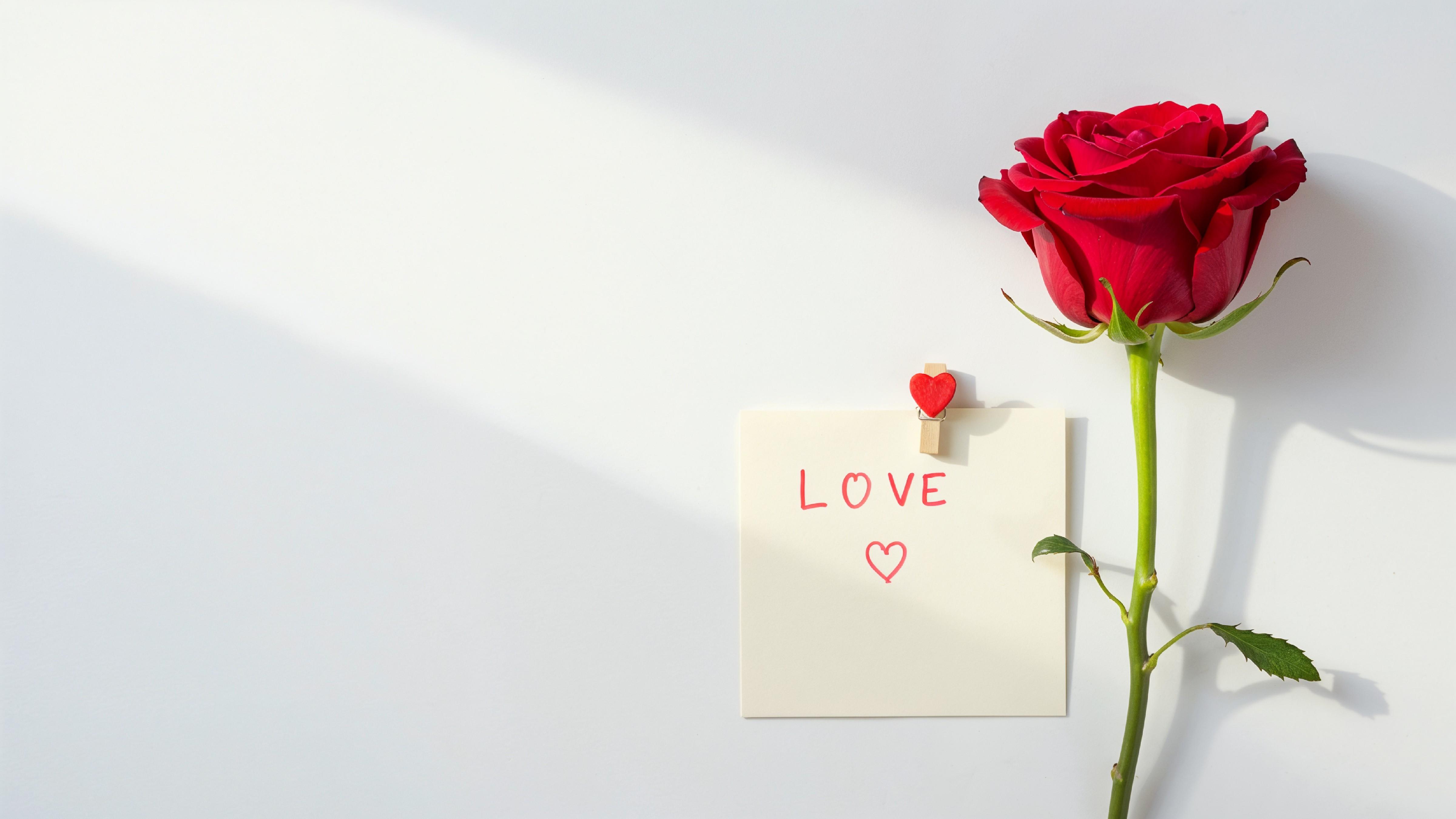Single Red Rose with Love Note on Minimal White Background