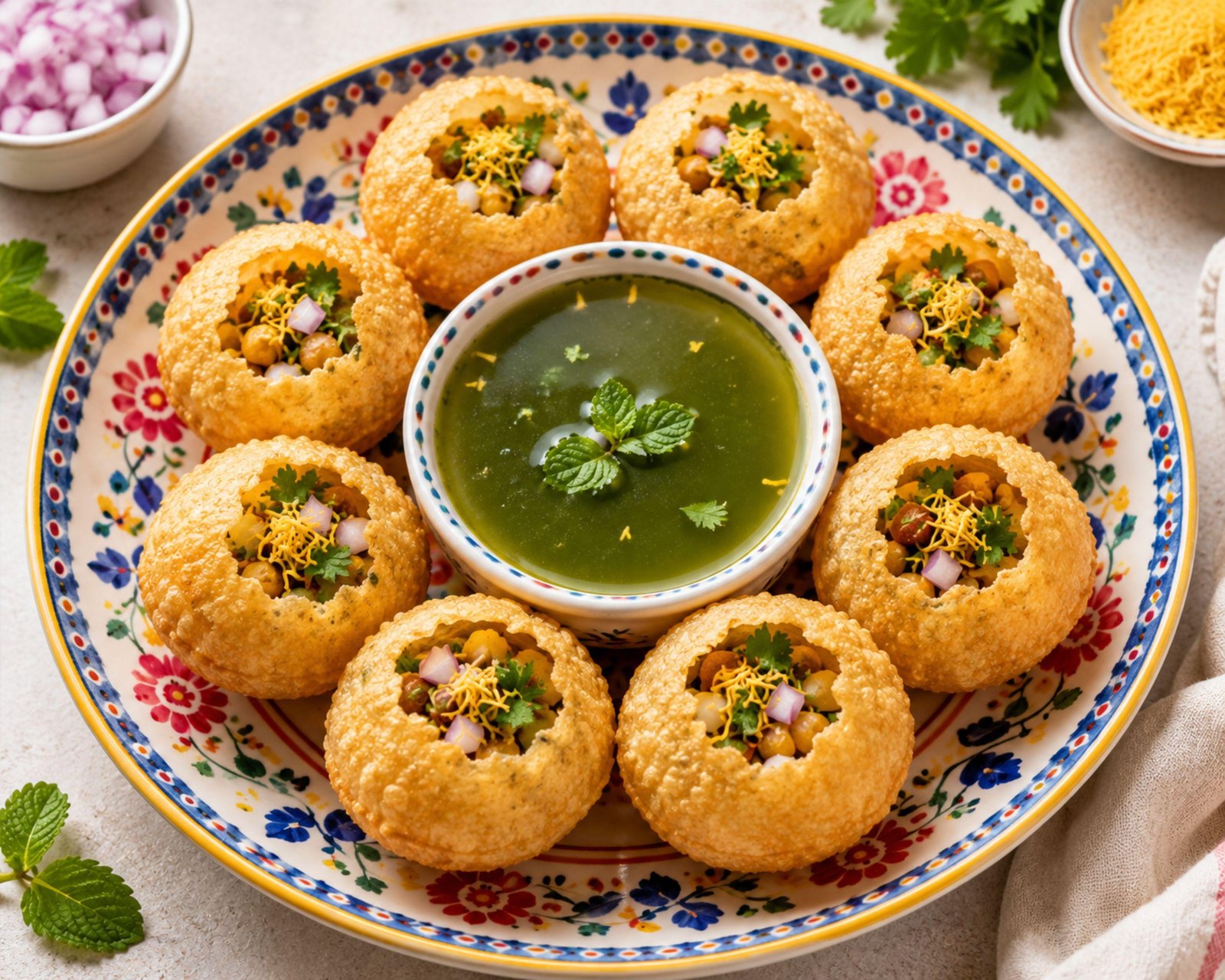 Crispy Indian Pani Puri Street Food Snack with Spicy Mint Water and Flavorful Filling - Free JPG Asset